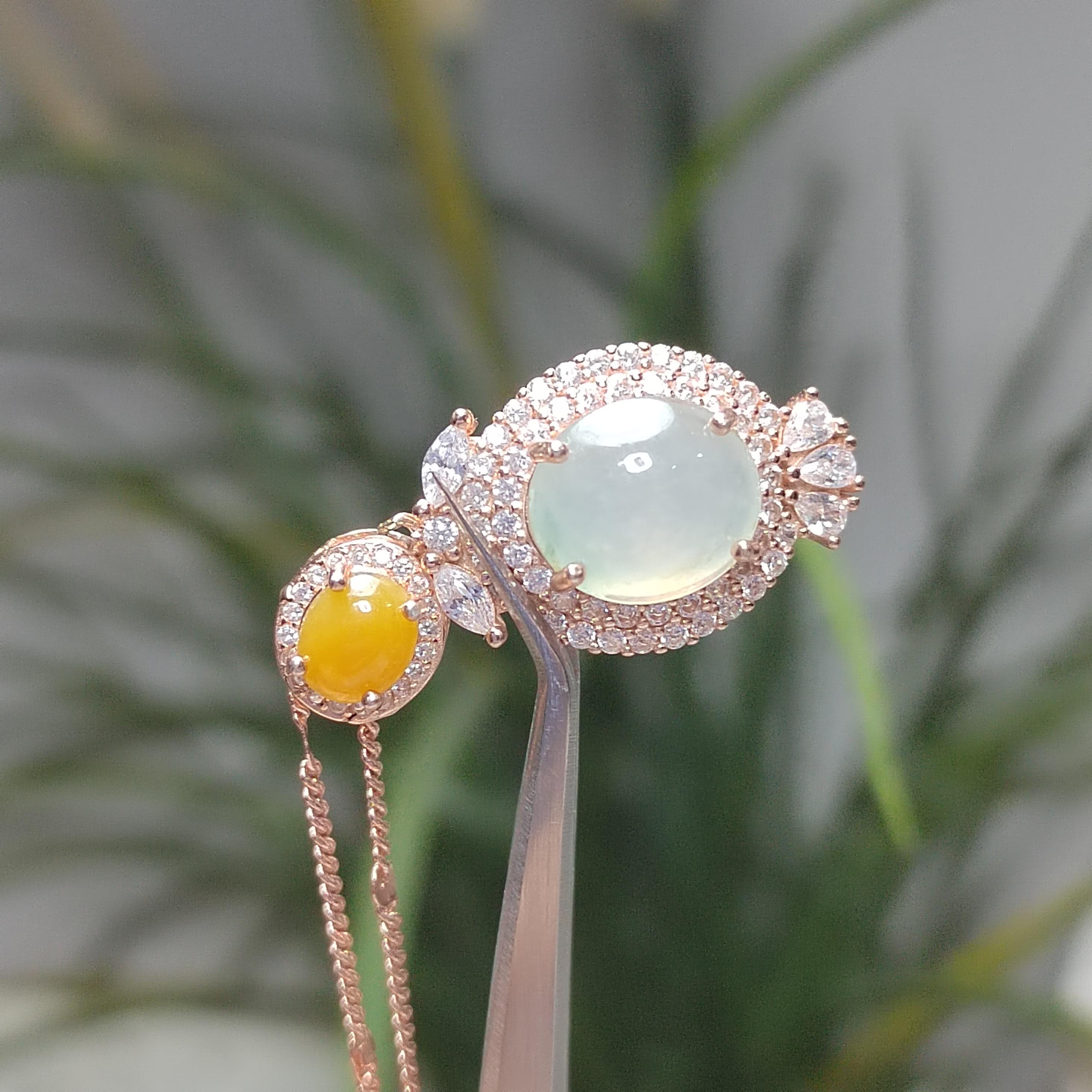 A Grade Women Natural Gemstone Untreated Burmese Yellow & Icy White Jadeite Pendant 925 Sterling Silver with 18k Rose Gold Plated SL094