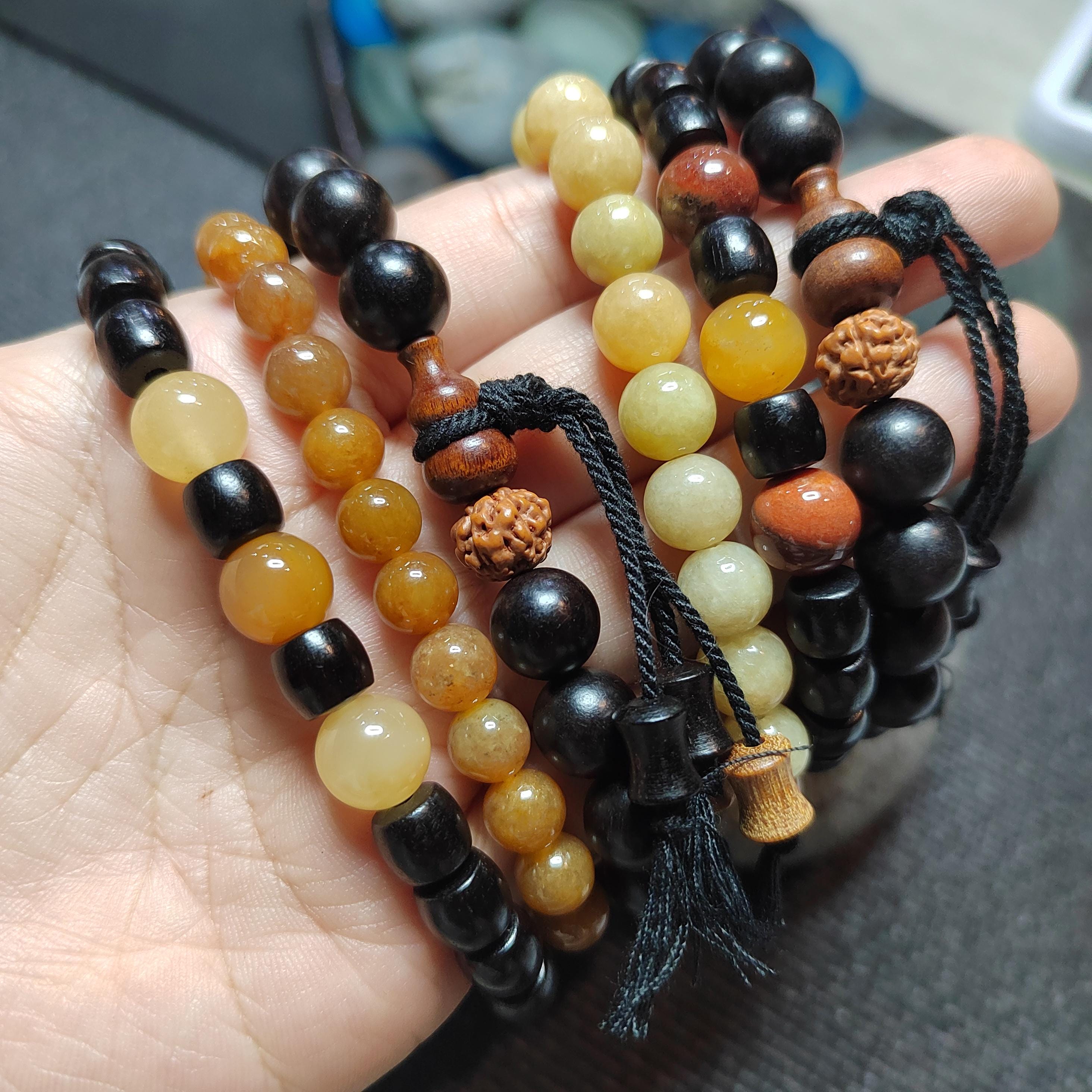 Burmese Yellow Jadeite Bracelet Set: HuangLong Jade & Ebony Wood SL423