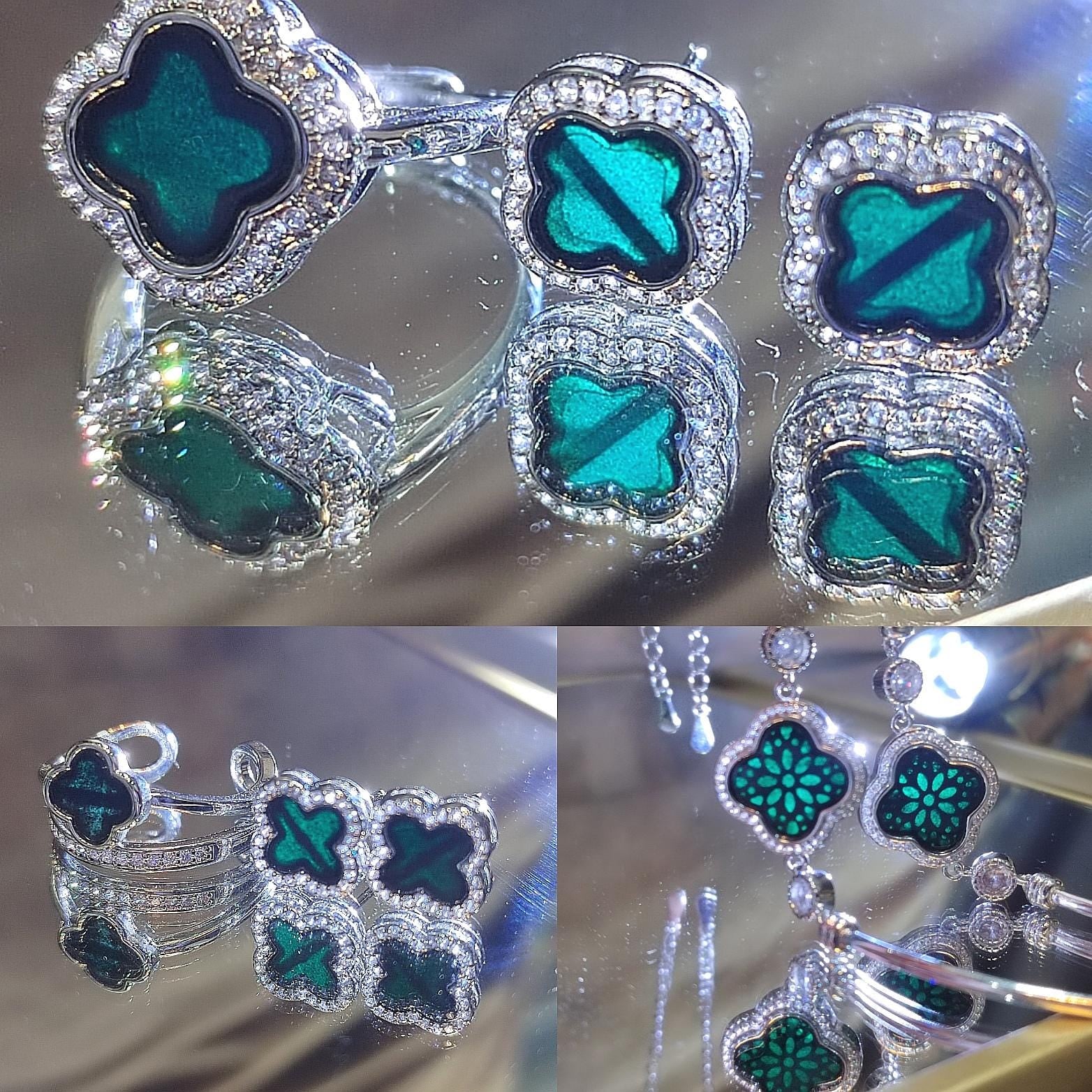 Burmese 3pcs Set Natural Gemstone Untreated Black Ink Jadeite Lucky Flower Ring, Earring, Bracelets/Bangle (2 Designs Available) SL160 SL161