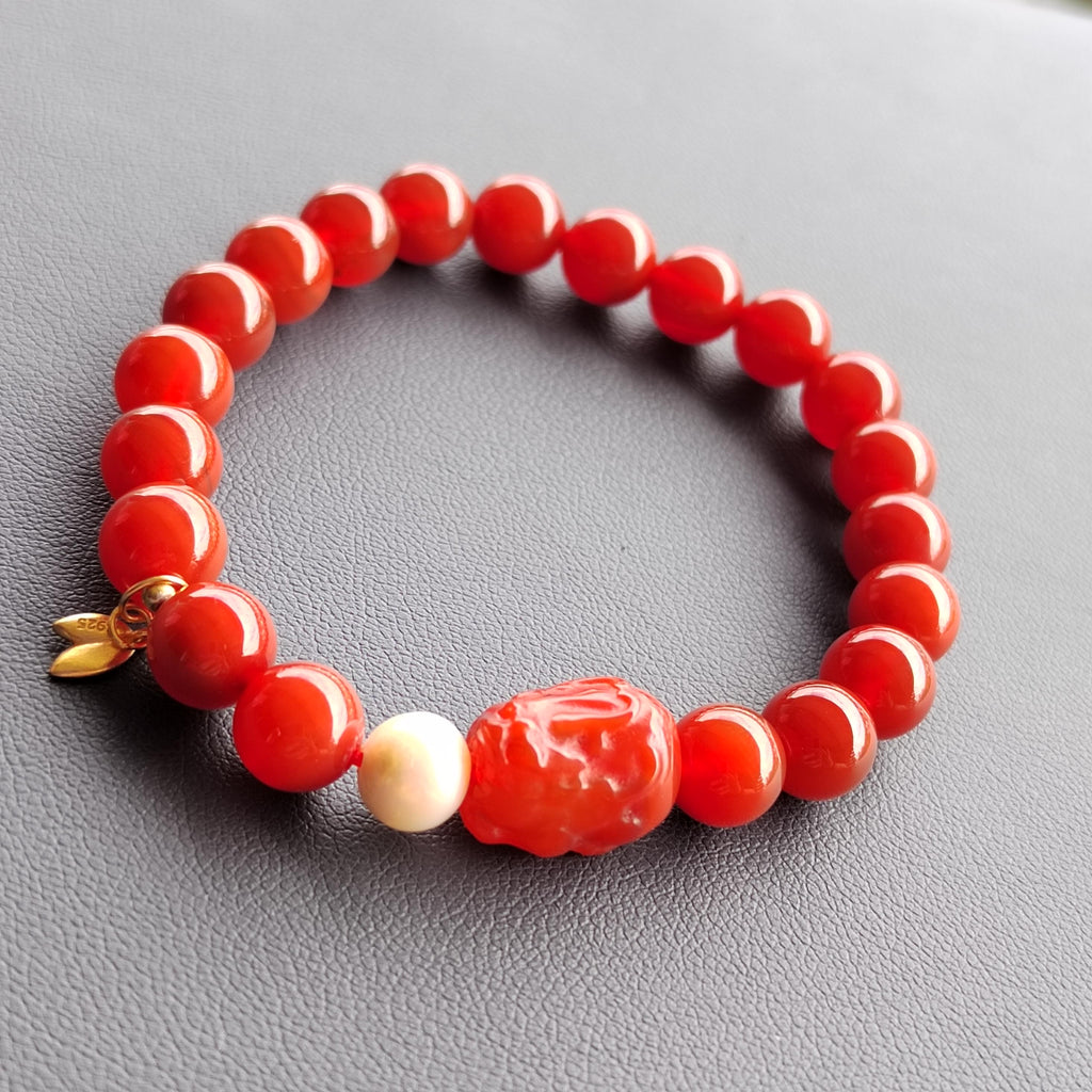 Certified Natural Untreated China Baoshan Southern Red Oily Nanhong Agate Brave Troops Bead, Fresh Water Pearl l, S925 Leaf Bracelet SL281