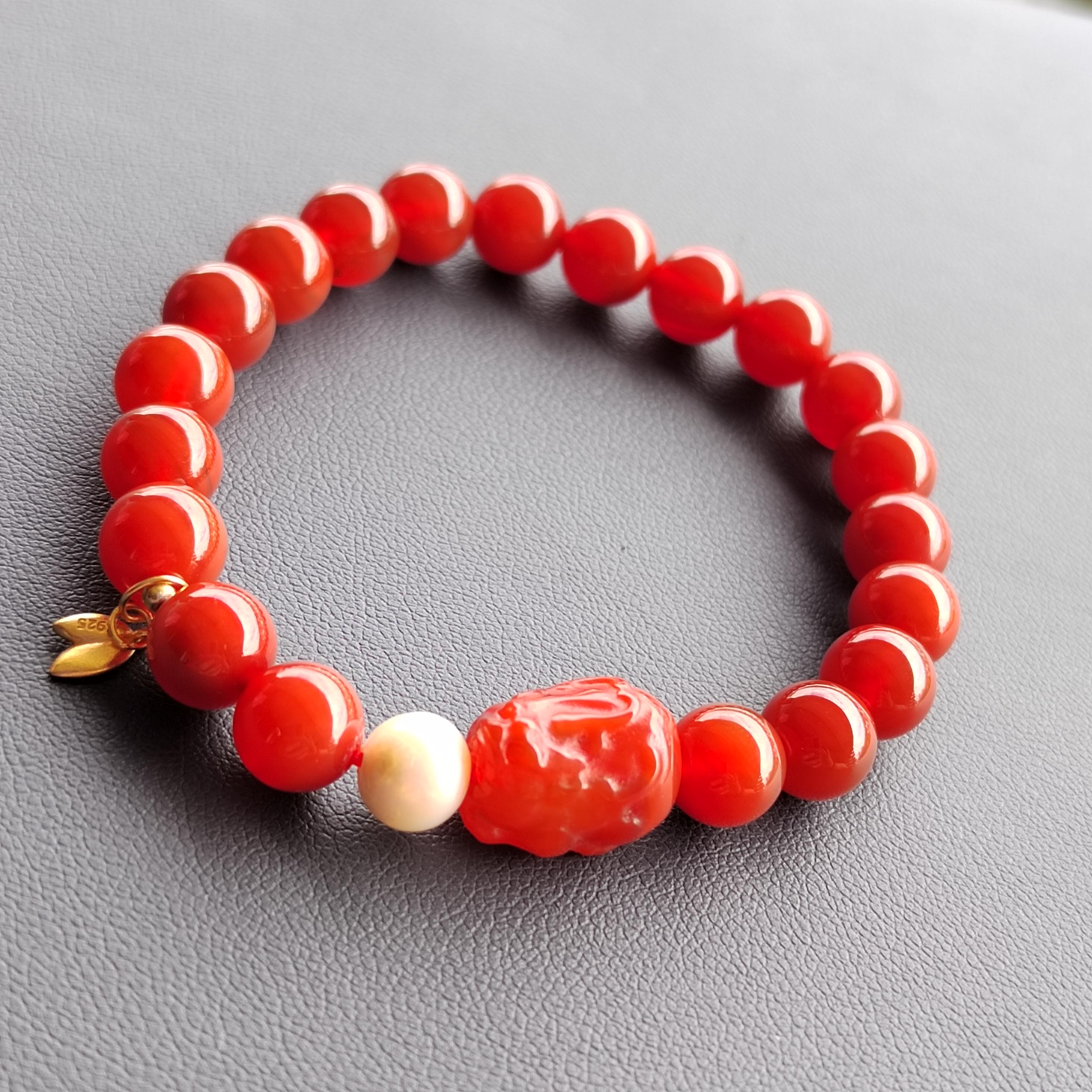 Certified Natural Untreated China Baoshan Southern Red Oily Nanhong Agate Brave Troops Bead, Fresh Water Pearl l, S925 Leaf Bracelet SL281