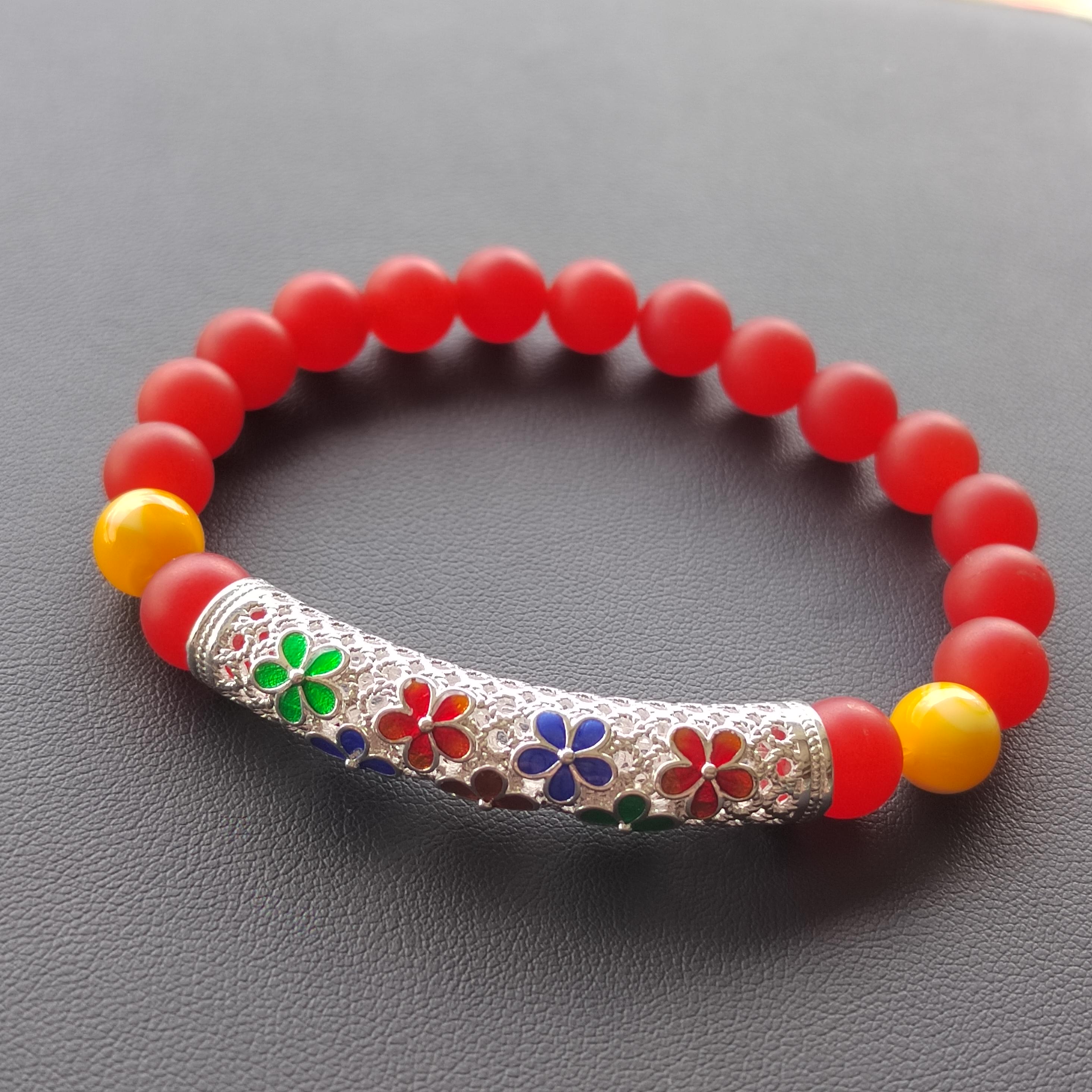 Natural Southern Nanhong Agate Matte, Russia Baltic Beeswax Amber, S9999 Silver Plated Tube Enamel Craftsmanship Bracelet SL334
