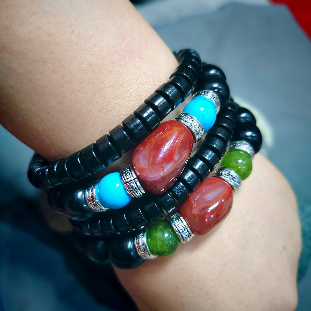 Handmade Ebony Wood Bead Bracelet Set |Unisex Jewelry with Silver and Natural Nanhong Tourmaline| Turquoise Accents SL388