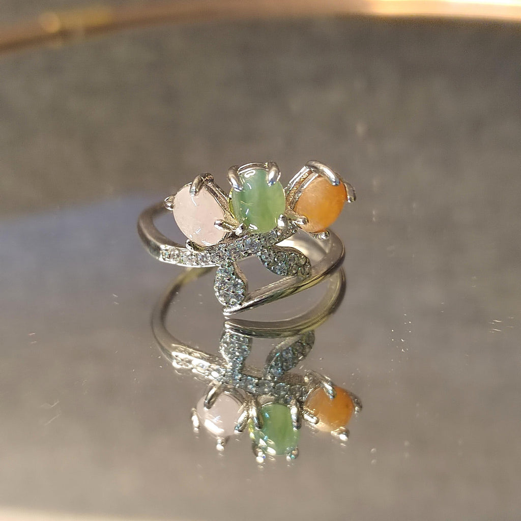3 Colors Certified Natural Gemstone Untreated Burmese Jadeite Elegant Lower Leaf Yellow, Green, White with Zircon Accents S925 Ring SL134