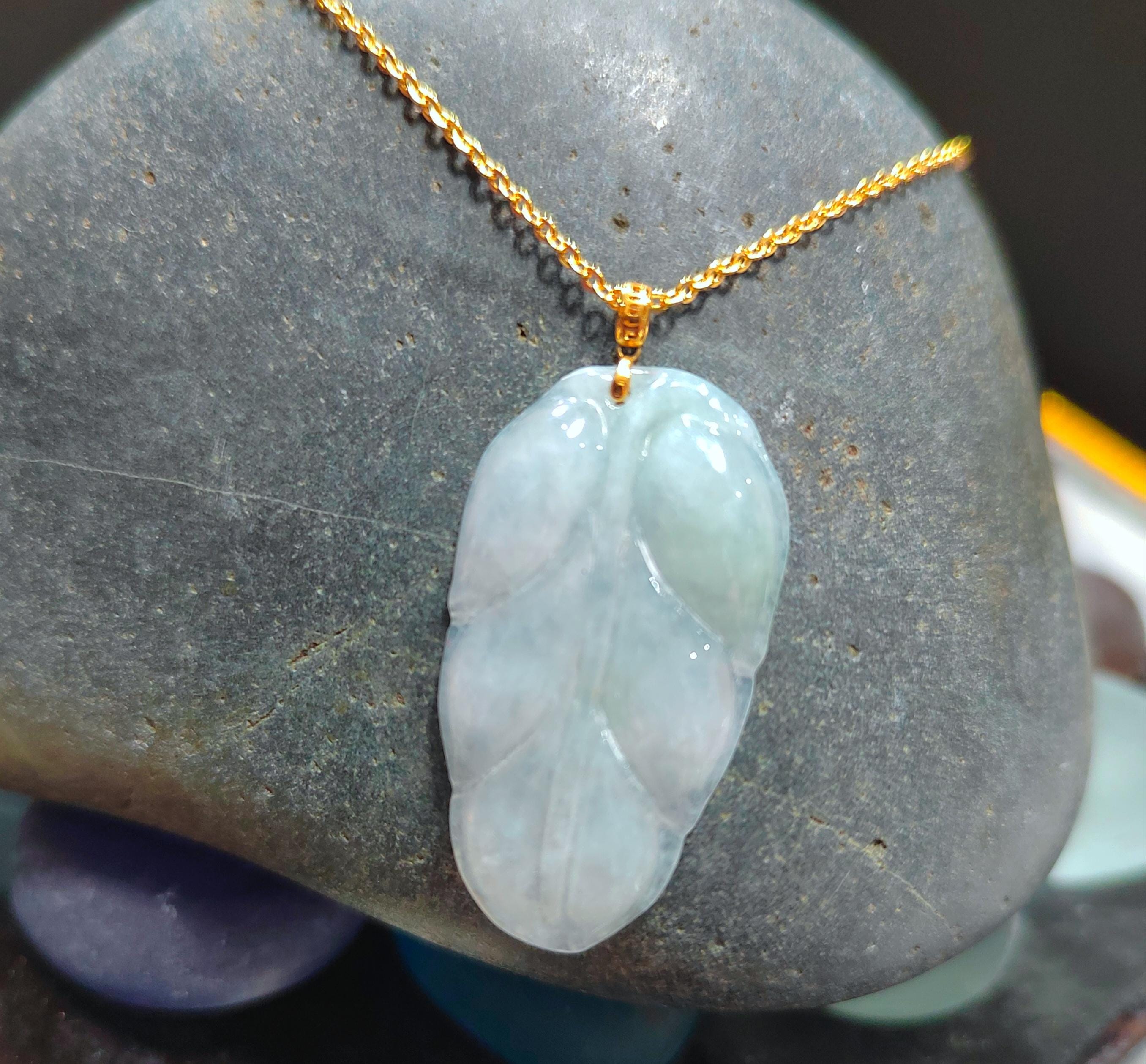 Certified Natural A-Grade Untreated Burmese Icy  Snow White| Green 雪花棉Leaf Jadeite Pendant | 18K Solid Gold Setting SL023 - SL Precious