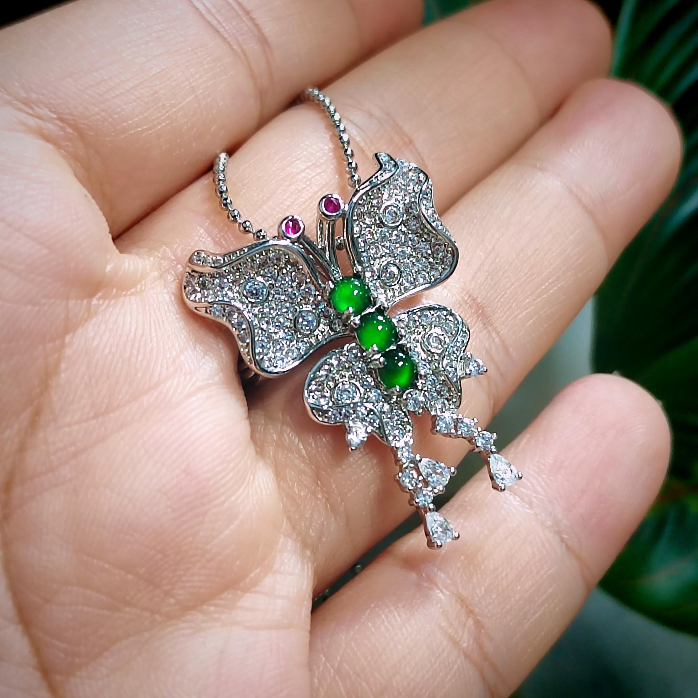 Certified A-Grade Natural Guatemala Imperial Green|Zircon| S925 Silver| Brooch/Pendant Elegant Unique Butterfly Design Jadeite SL186