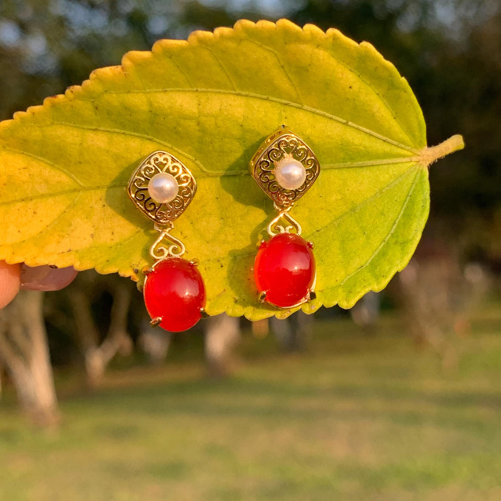 Certified Natural Untreated China Baoshan Southern Red Nanhong Agate S925 Silver Stud Earrings 中国古典风古法掐丝工艺镶嵌淡水珍珠原矿南红冰红耳饰 SL260X19