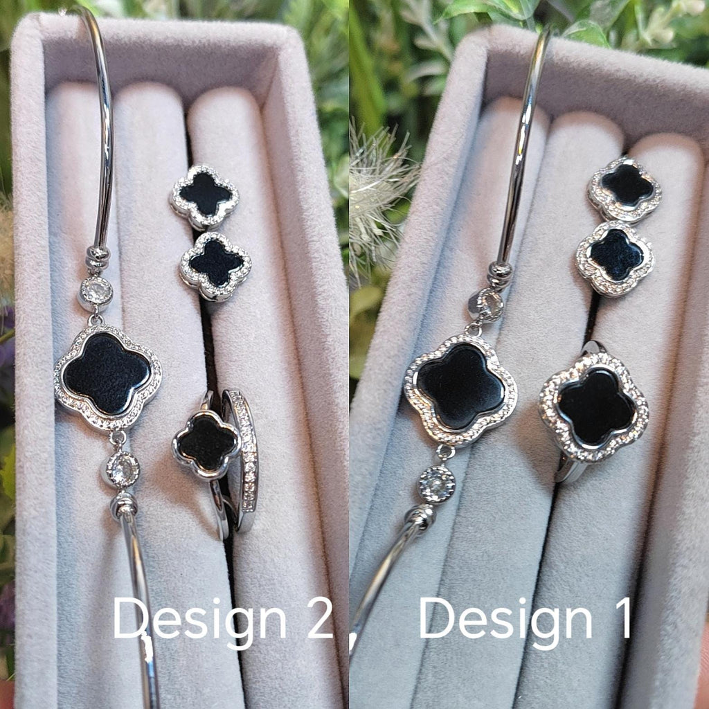 Burmese 3pcs Set Natural Gemstone Untreated Black Ink Jadeite Lucky Flower Ring, Earring, Bracelets/Bangle (2 Designs Available) SL160 SL161
