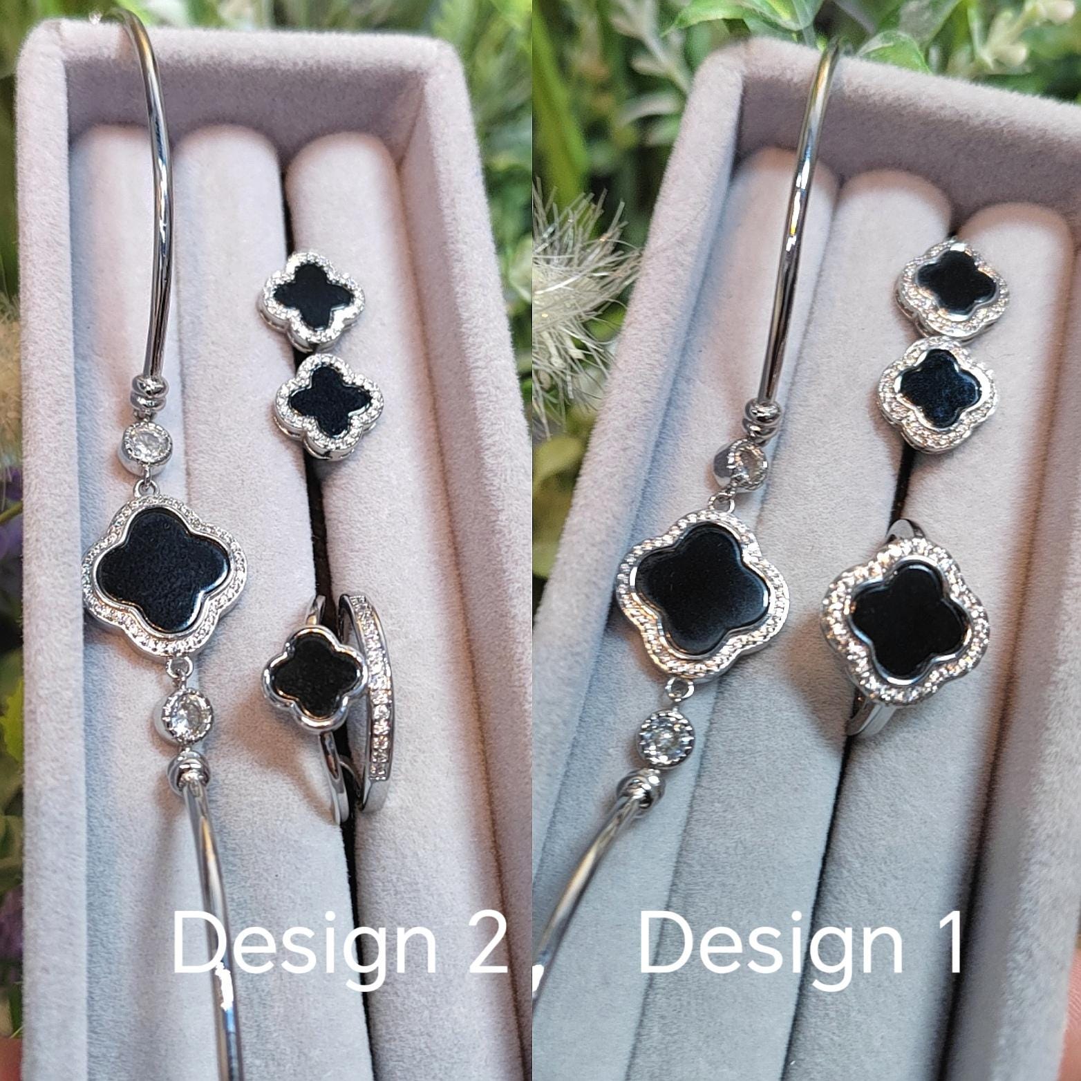 Burmese 3pcs Set Natural Gemstone Untreated Black Ink Jadeite Lucky Flower Ring, Earring, Bracelets/Bangle (2 Designs Available) SL160 SL161