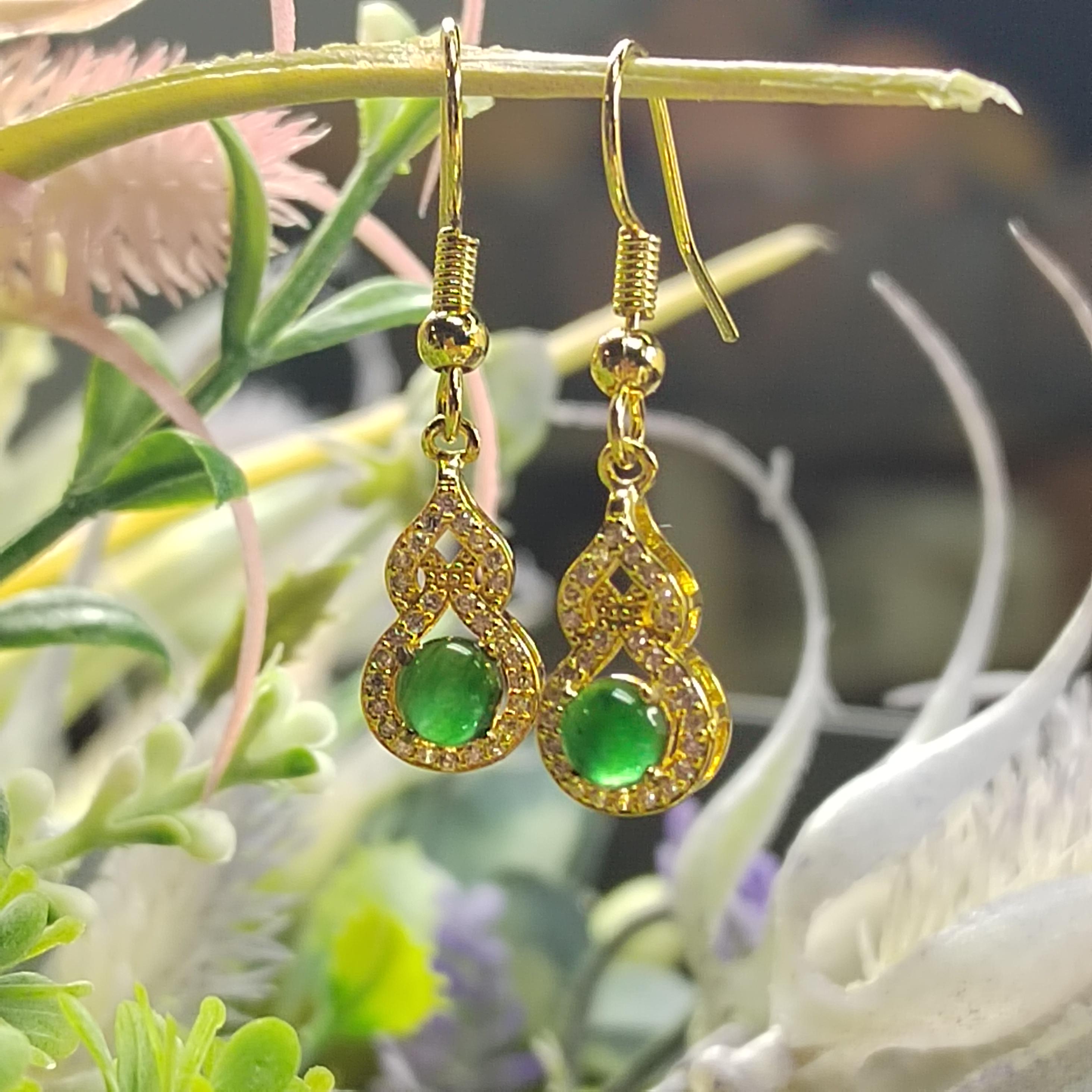Natural Guatemala Imperial Green Hulu Jadeite Earrings | Zirconia Accents | 925 Sterling Silver Plated with Yellow Gold Earring SL052 - SL Precious