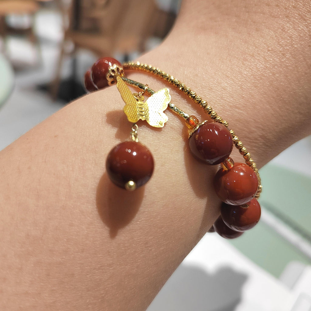 Elegant Certified Natural Ox Blood Southern Nanhong Agate 14k Plated Bead Bracelet - Gifts for Her SL324