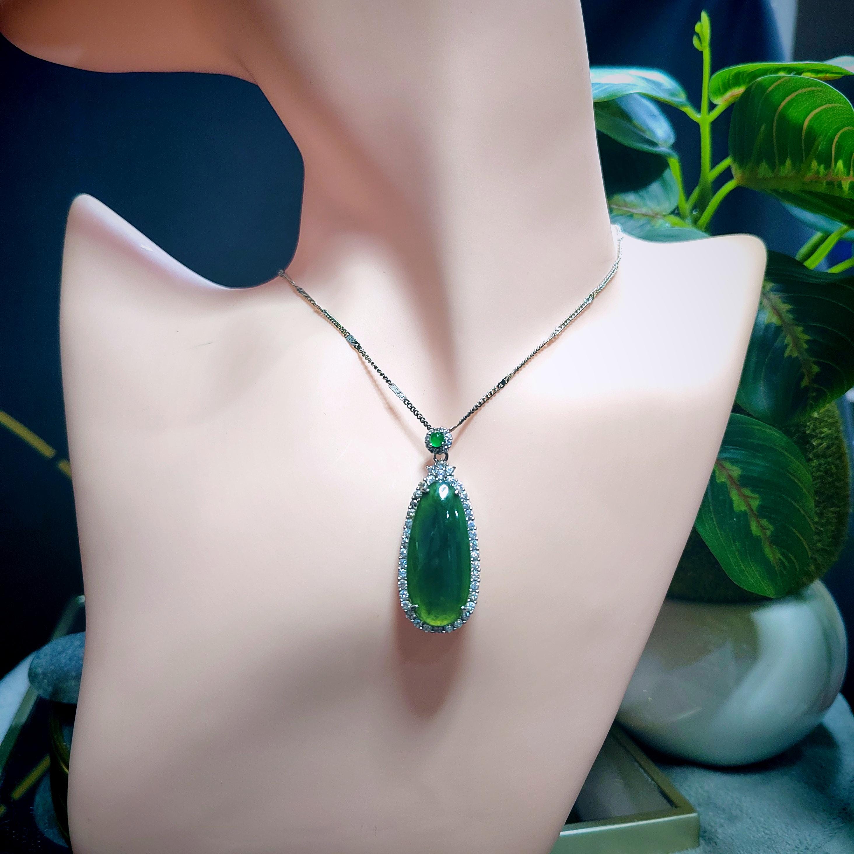 Certified Natural Burmese Apple Green Jadeite Teardrop Necklace | 18K White Gold SL063 - SL Precious