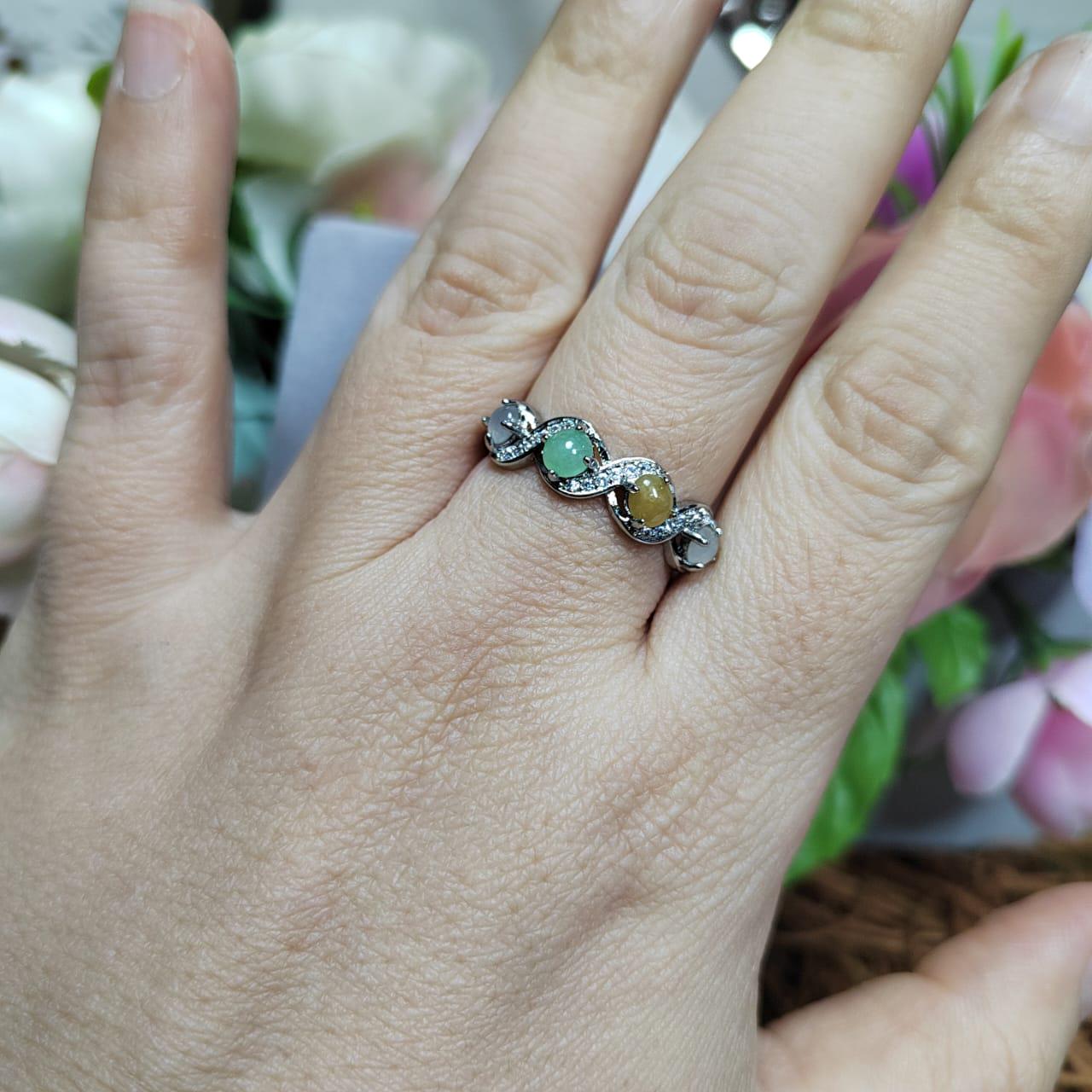Burmese Gemstone Lucky Color Natural Jadeite Bracelet & Ring Set 925 Silver Plated with 18K White Gold Zircon Accent For Her Minimalist SL08