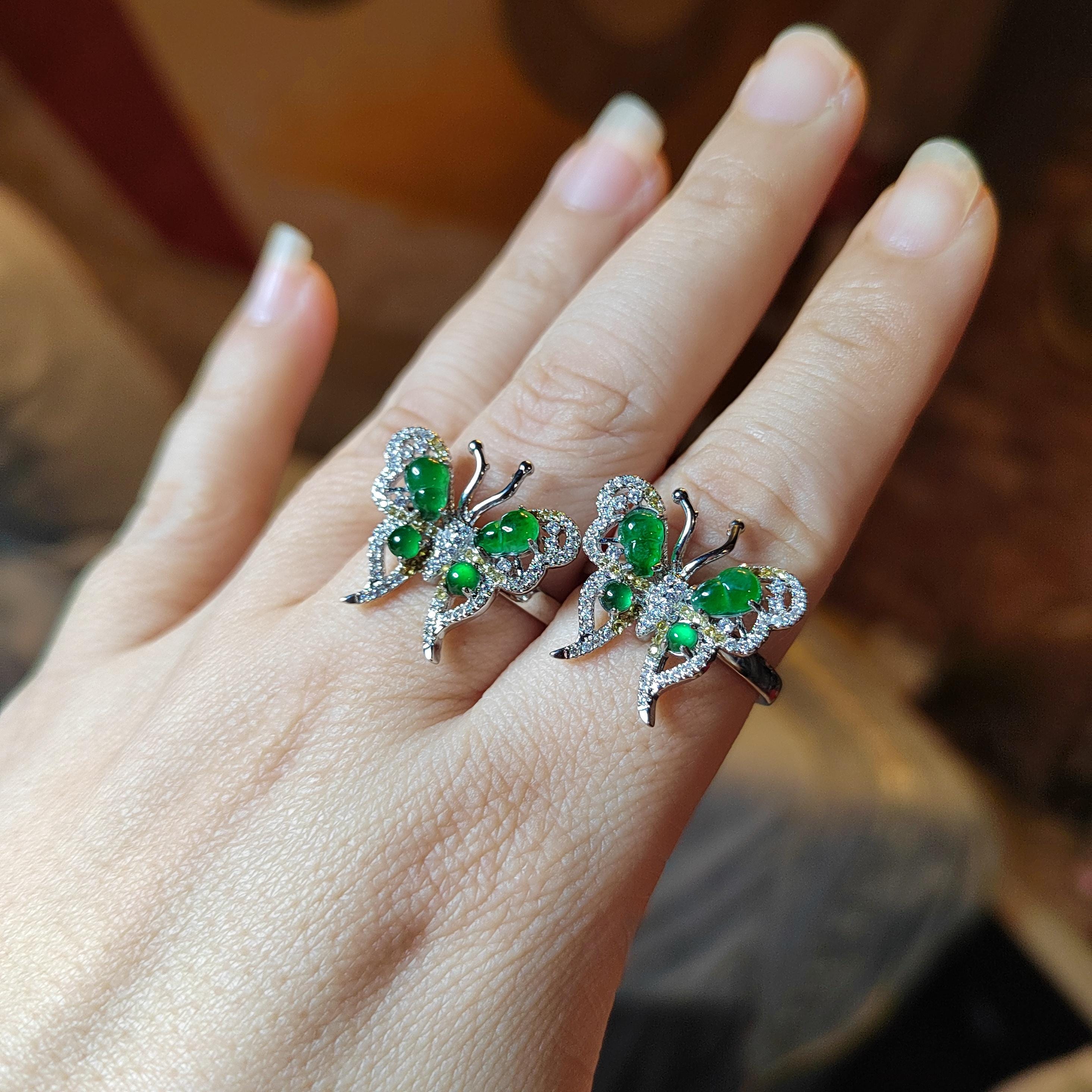Certified Natural Untreated Burmese Imperial Green Elegant Butterfly Zircon S925 2 Tones Silver Gold Jadeite Ring(1pc) SL367x35