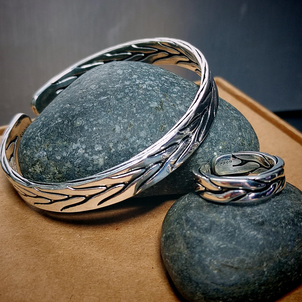 Elegant Unisex 2pcs S9999 Silver Filled Vermeil Ring & Bangle Set | Thai Trend Fashion Jewelry SL236