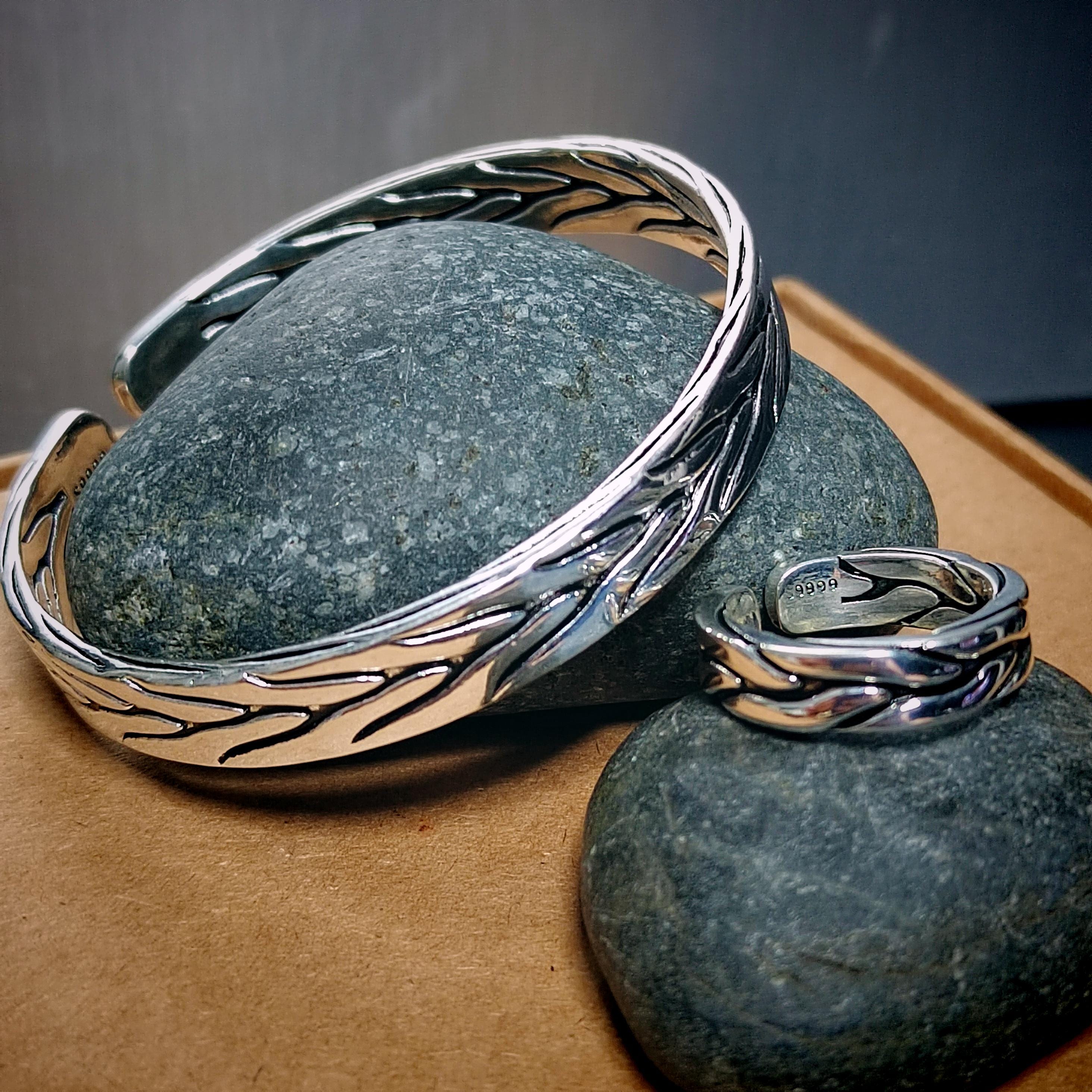 Elegant Unisex 2pcs S9999 Silver Filled Vermeil Ring & Bangle Set | Thai Trend Fashion Jewelry SL236