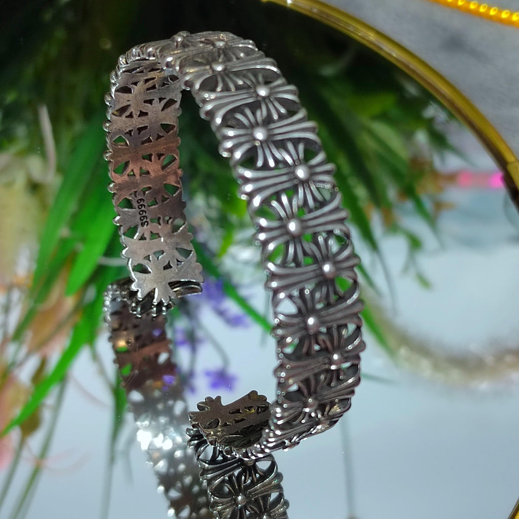 S9999 Silver Filled Vermeil Full Cross Bangle | Adjustable Unisex Thai Trend Design | SL310
