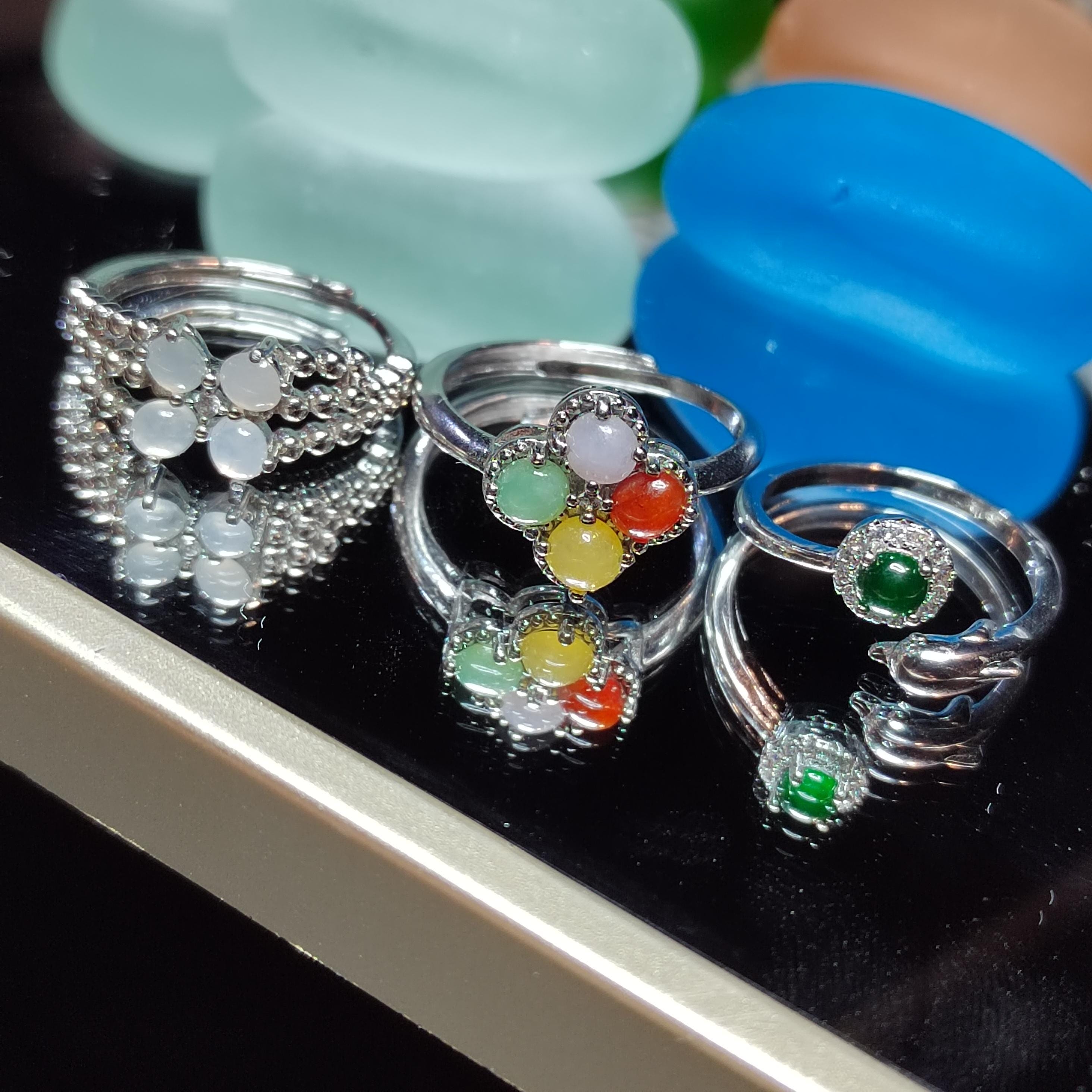 3pcs Set Natural Burmese Jadeite Rings | Four-Color Lucky Flower, Dolphin Green Jade, White Flower Design | Adjustable S925 Silver SL409