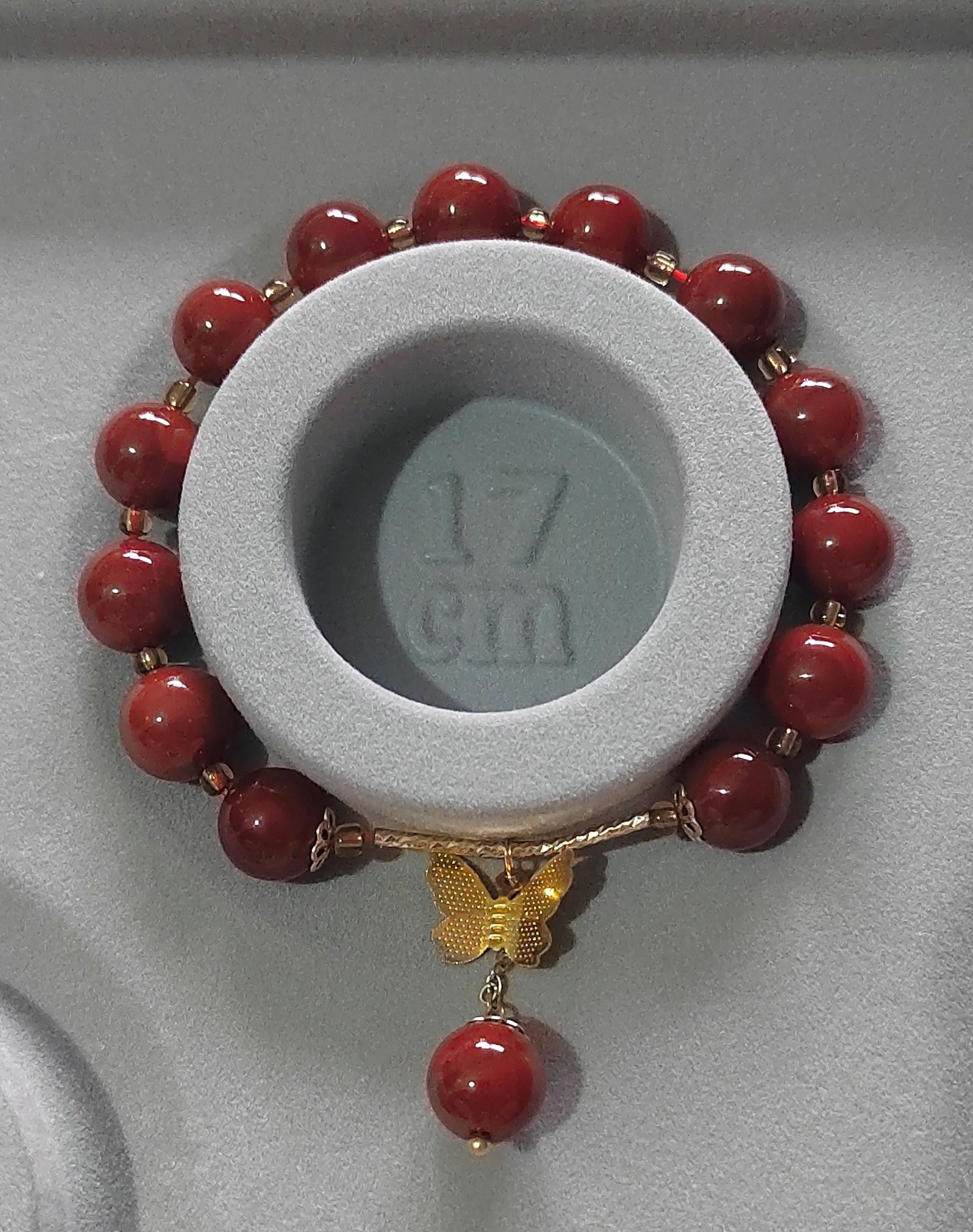 Elegant Certified Natural Ox Blood Southern Nanhong Agate 14k Plated Bead Bracelet - Gifts for Her SL324