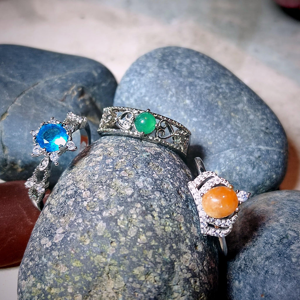 Natural Jadeite & Light Blue Topaz Ring Set | Yellow, Green, Sky Blue Stones | Gold Plated Brass | Gift Ready SL410 - SL Precious