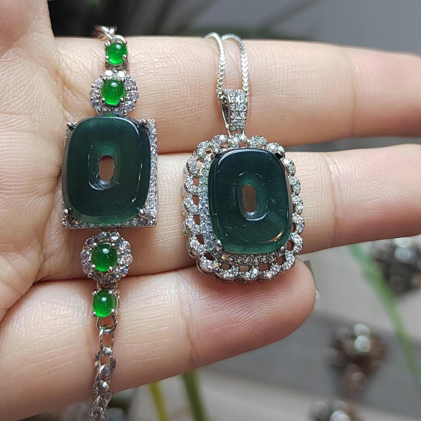 2pcs Set Square Natural Guatemala Bluish Green Bracelet Necklace 4 Imperial Green Jadeite Pendant Gemstone 925 18k Plated 老蓝水 SL053 - SL Precious