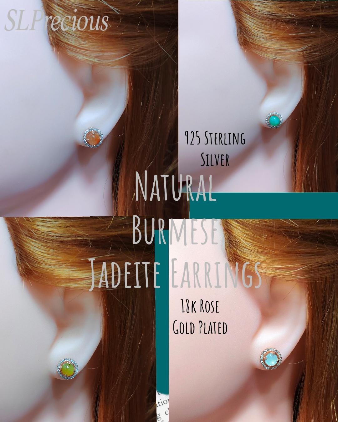 Certified Burmese A-Grade 4 Colors Icy White| Yellow| Apple Green| Red Jadeite Earrings 18k Rose Gold Plated on S925 Sterling Silver SL348 - SL Precious