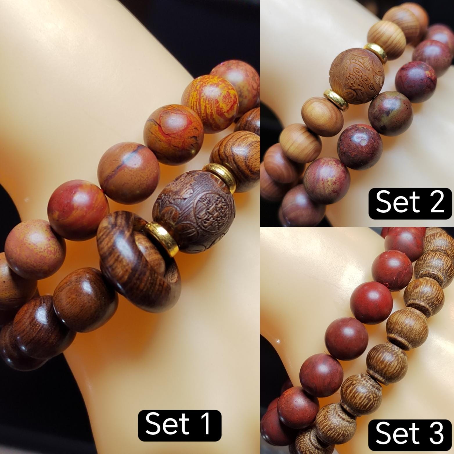 2pcs Set Unisex Natural Wood & Aromatic Bead Bracelets | Ebony Thuja with South Red Agate Accent | Handmade Gift for Him or Her SL416