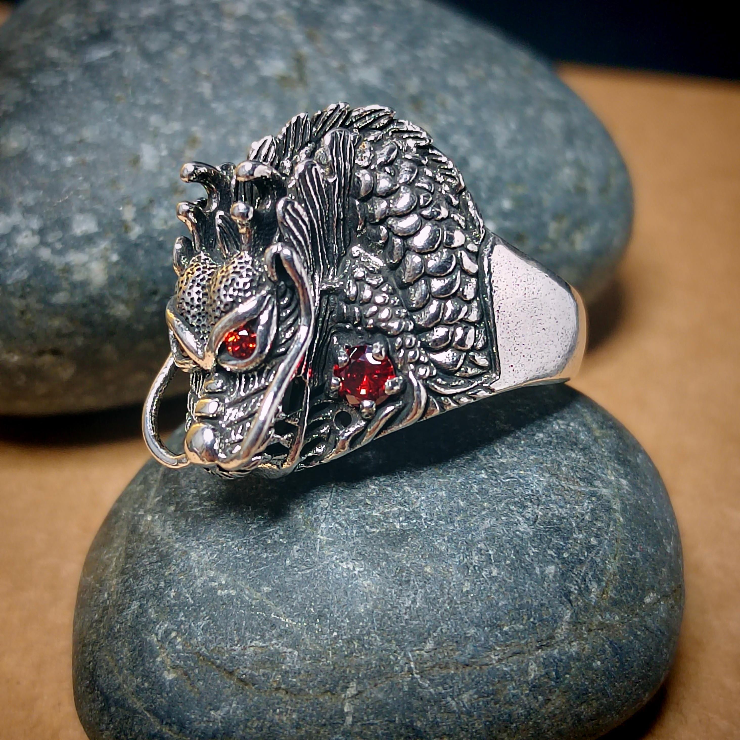 Large 925 Sterling Silver Dragon Ring | Red Zircon Accent | Thai Trend Design SL232 - SL Precious