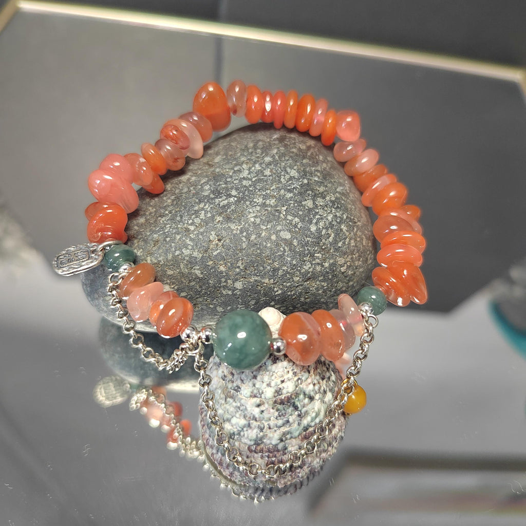 Natural Handmade China Icy Uneven Cut Orange Red Nanhong Agate, Beeswax Amber & Burmese Jadeite Bead Bracelet Jewelry SL326
