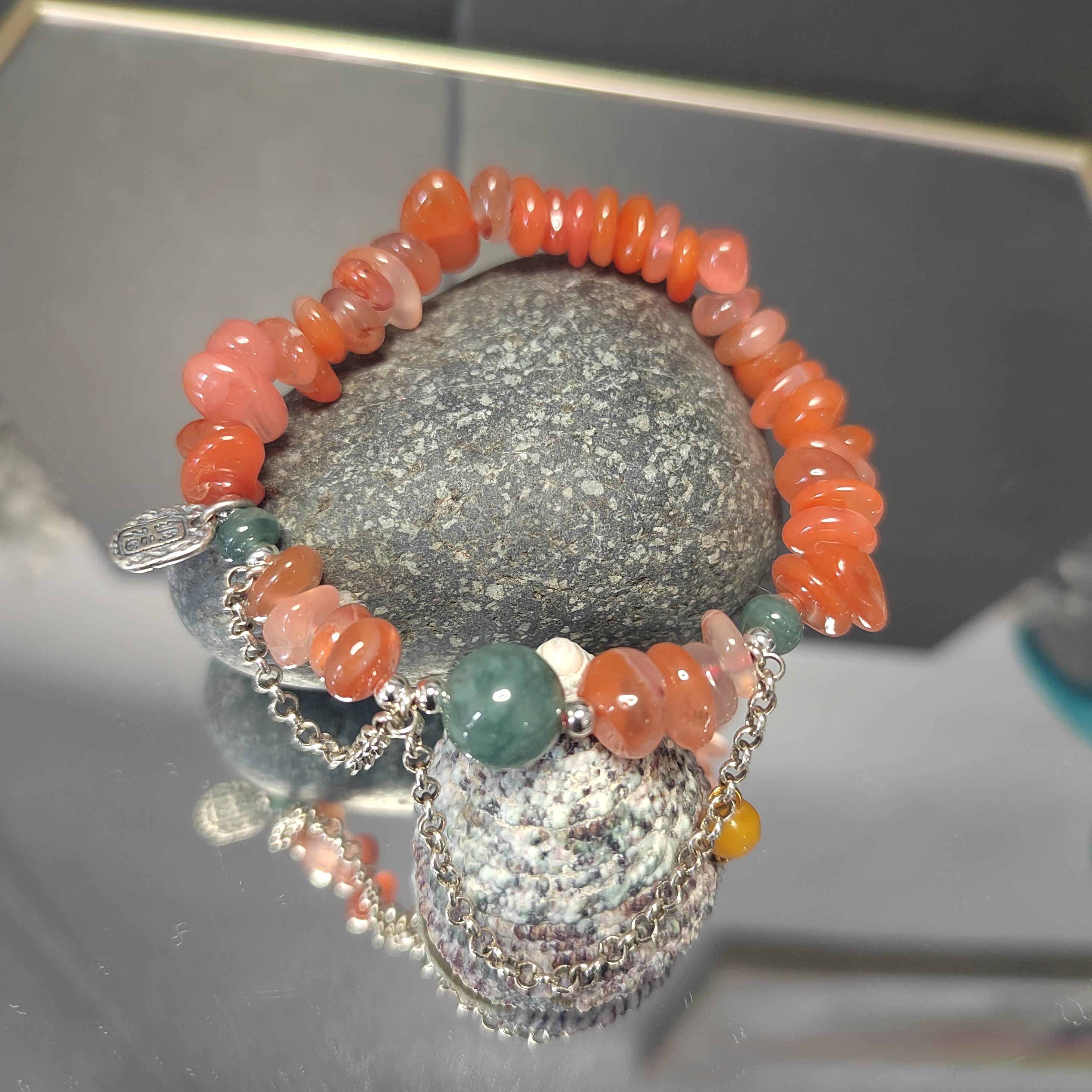 Natural Handmade China Icy Uneven Cut Orange Red Nanhong Agate, Beeswax Amber & Burmese Jadeite Bead Bracelet Jewelry SL326