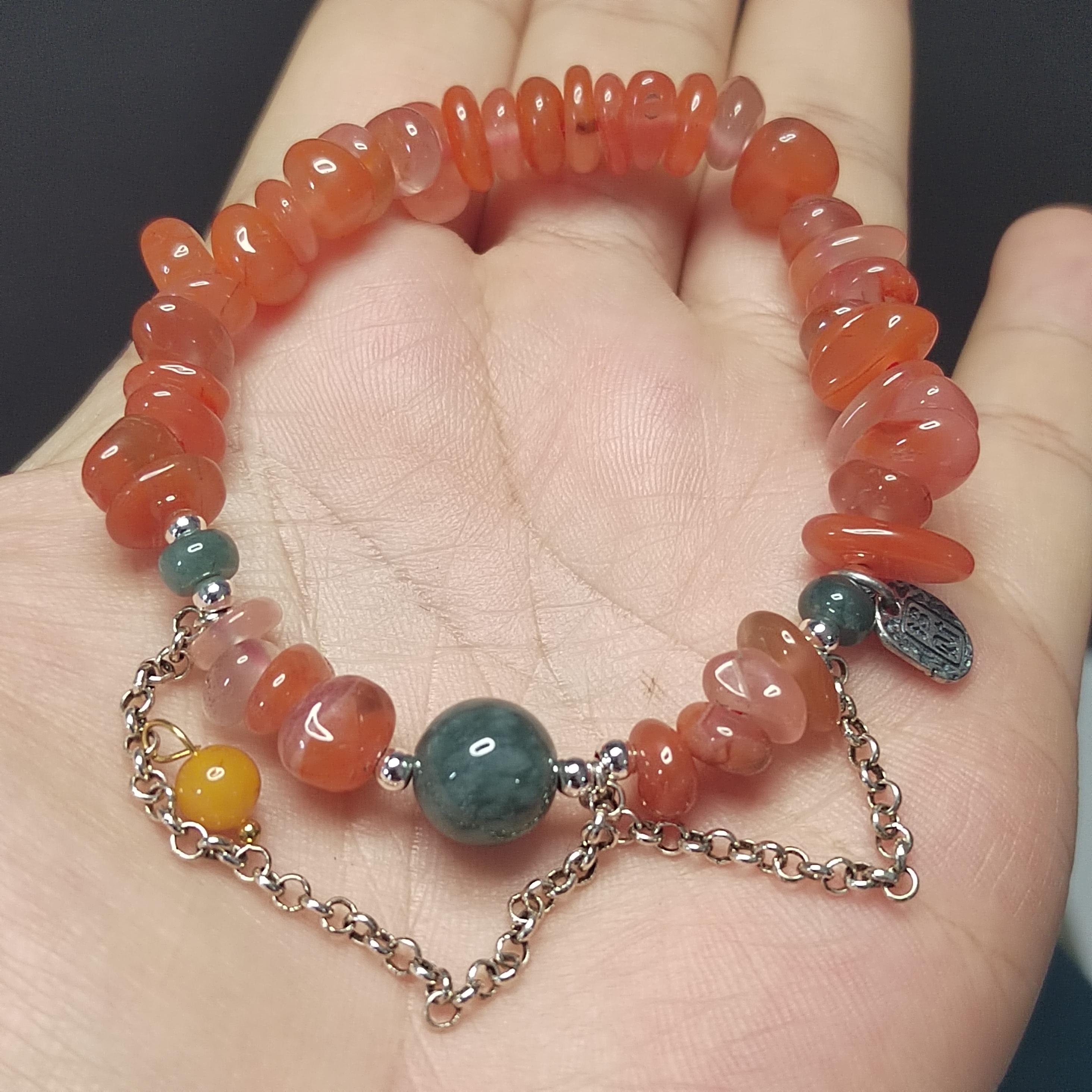 Natural Handmade China Icy Uneven Cut Orange Red Nanhong Agate, Beeswax Amber & Burmese Jadeite Bead Bracelet Jewelry SL326