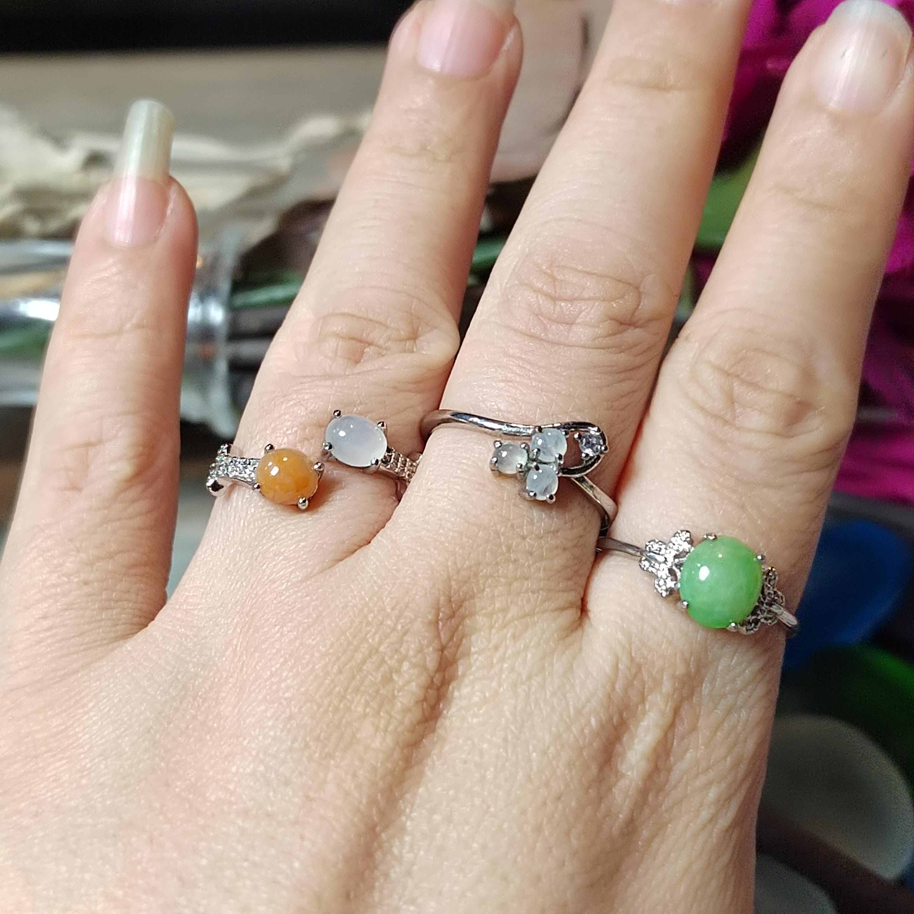 3pcs Set Natural Untreated Burmese Jadeite Rings | Imperial Green Orange Icy White | S925 Silver | Free Shipping SL407