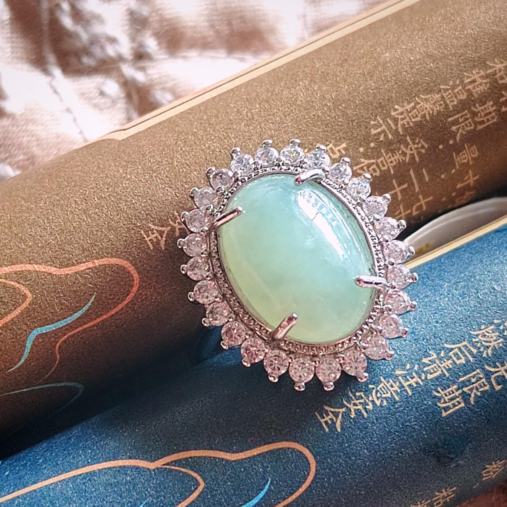 Burmese Gemstone Creamy Green Jadeite Ring | Zircon Accent | S925 Plated with 18K White Gold SL086