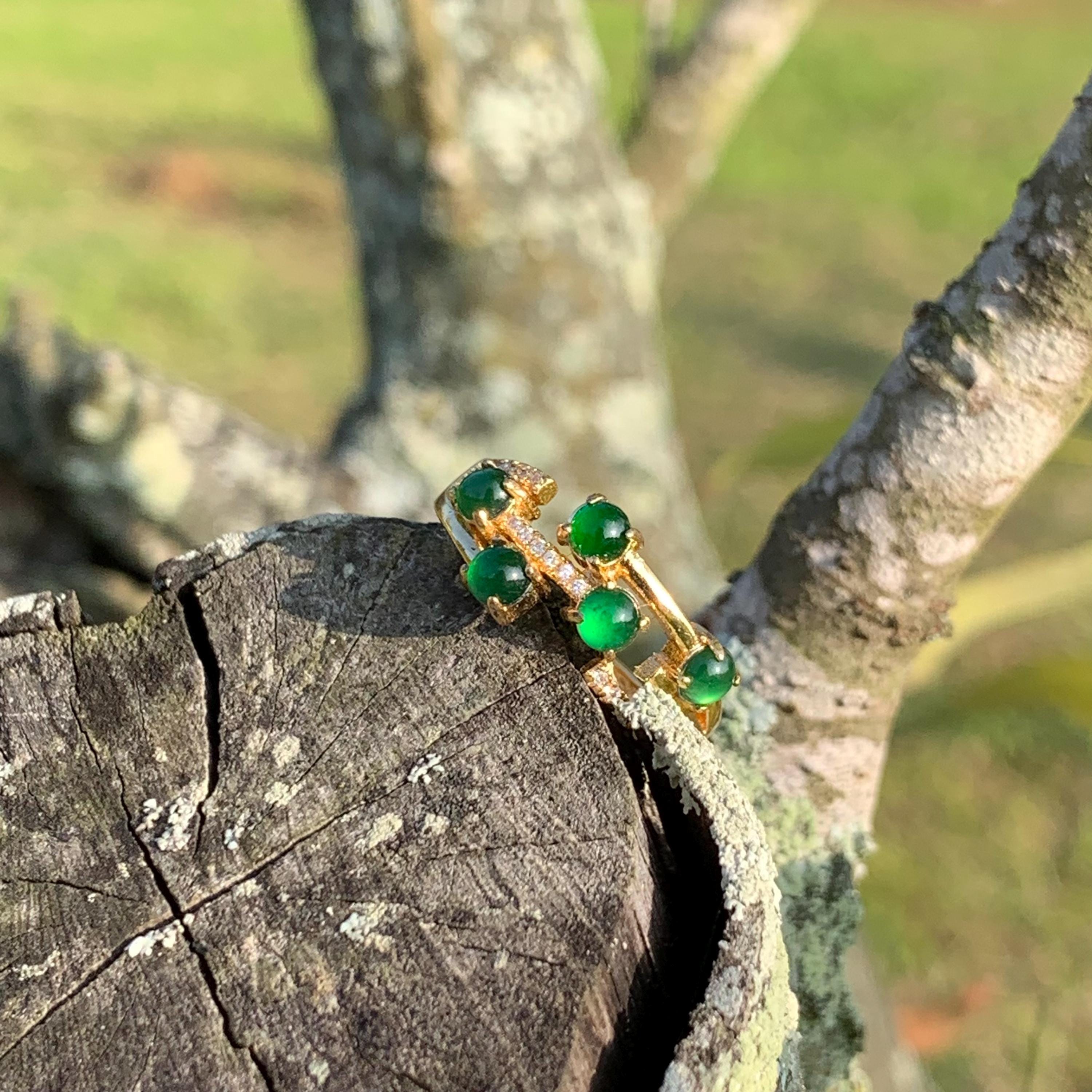 Elegant 5pcs Certified Imperial Green Guatemala Jadeite Rings, Untreated Natural Gemstones with Zircon, 18K Gold Plated SL247X6 - SL Precious