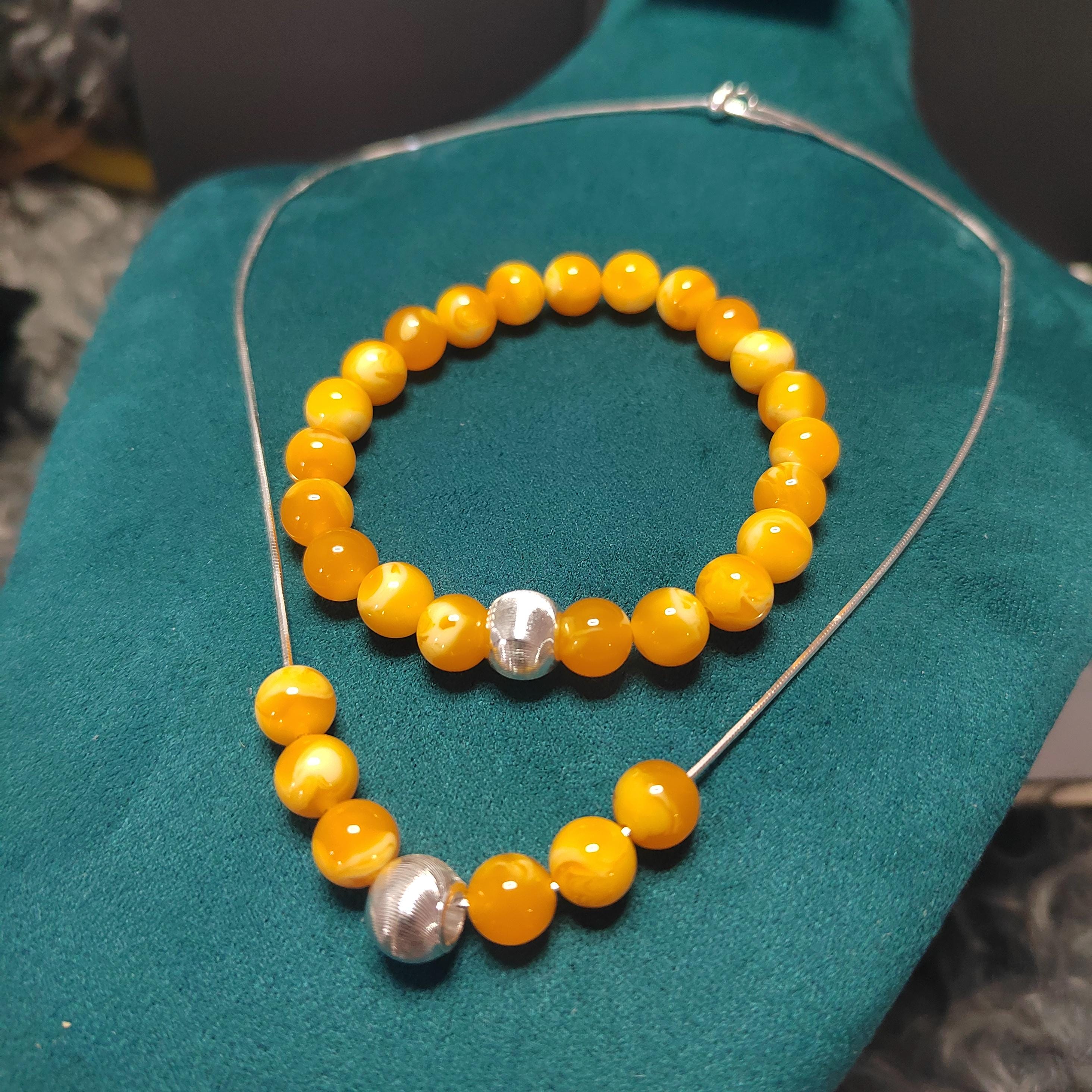 2pcs Set | Natural Russian Beeswax Amber Bead Bracelet & Necklace | Handmade Minimalist Jewelry SL329