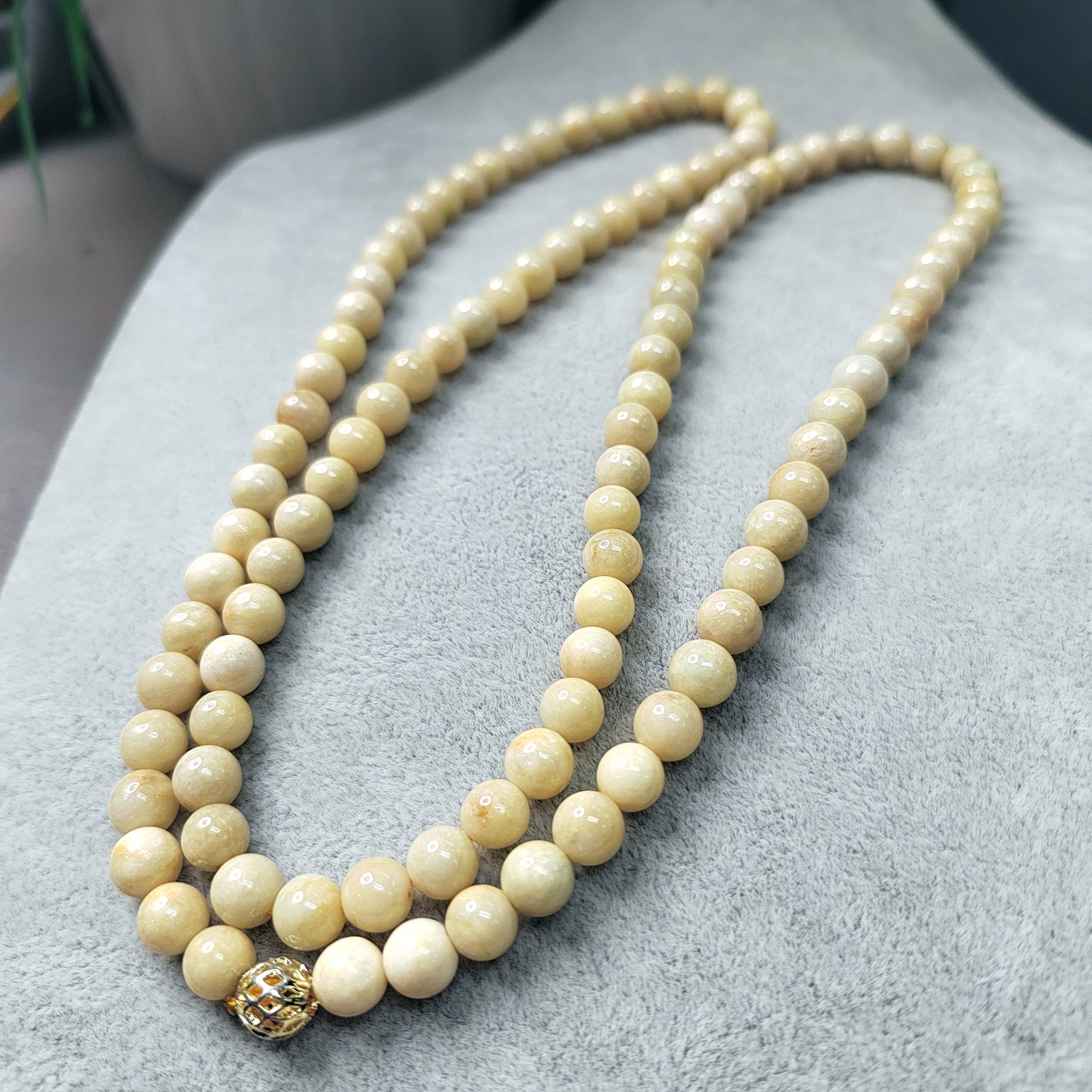 Certified A-Grade Natural Untreated Burmese Creamy Yellow Beads 77cm Long Jadeite Necklaces 7mm SL365A
