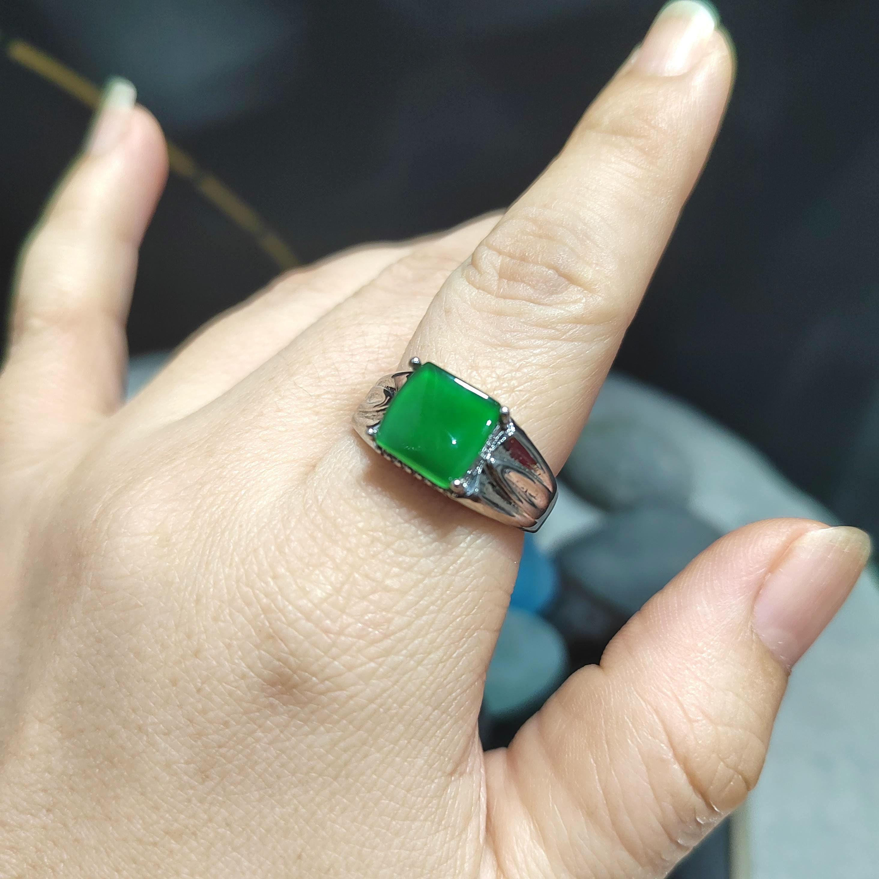 Certified Natural Untreated Burmese Icy Clean Imperial Vivid Green Men Jadeite Ring S925 Sterling Silver SL371