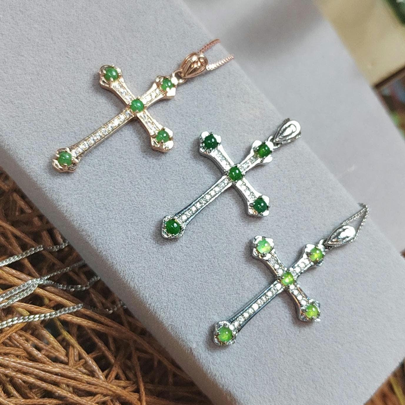 Natural Burmese Jadeite Apple Green, Imperial Green & Bright Green 925 18k White/Rose Gold Christian Cross Pendant/Chain Jewelry SL030 - SL Precious