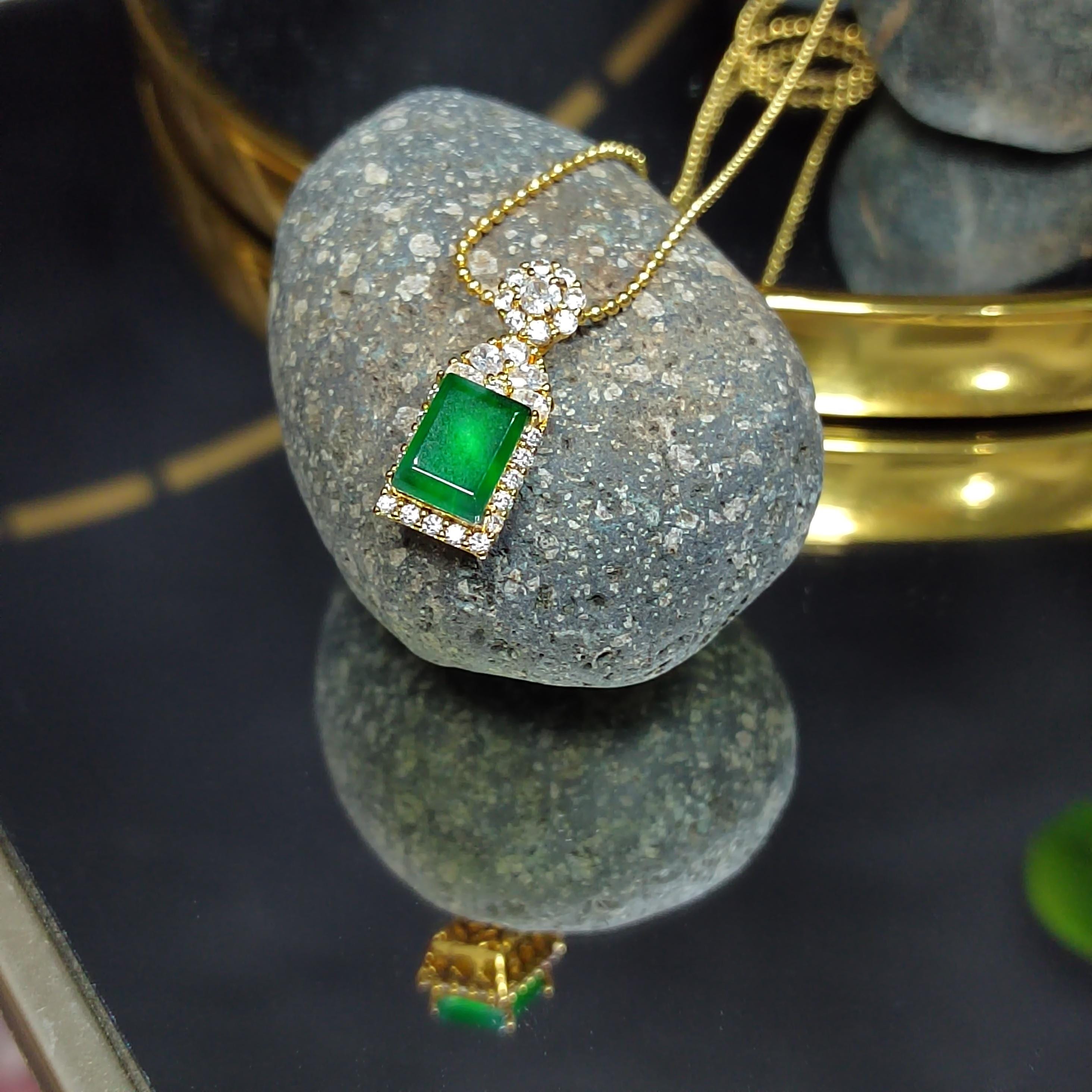 Certified A-Grade Imperial Green Jadeite Rectangle Pendant | Zirconia Accent |Simple| Elegant | Minimalist Design |Best Gift For Her SL040