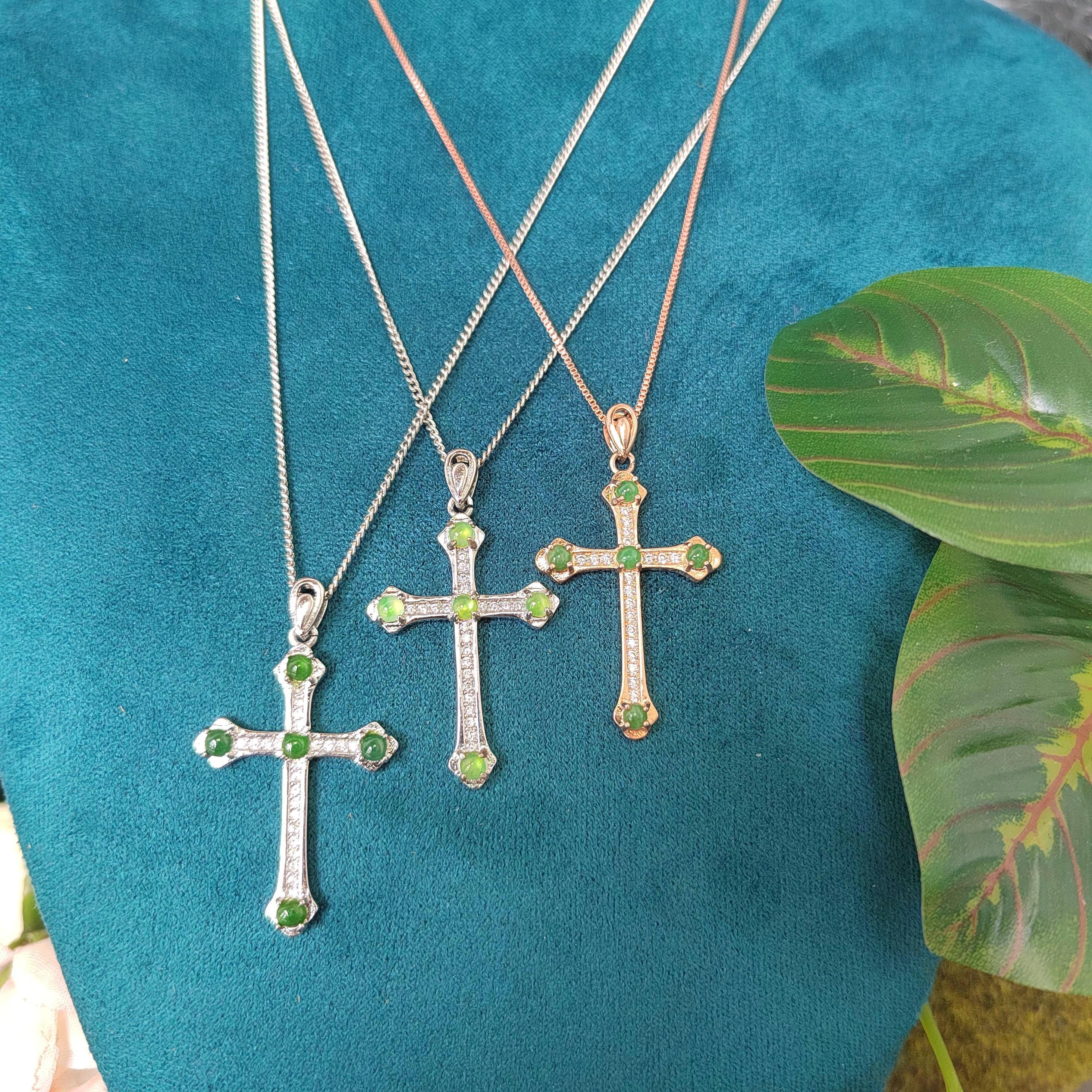 Natural Burmese Jadeite Apple Green, Imperial Green & Bright Green 925 18k White/Rose Gold Christian Cross Pendant/Chain Jewelry SL030 - SL Precious