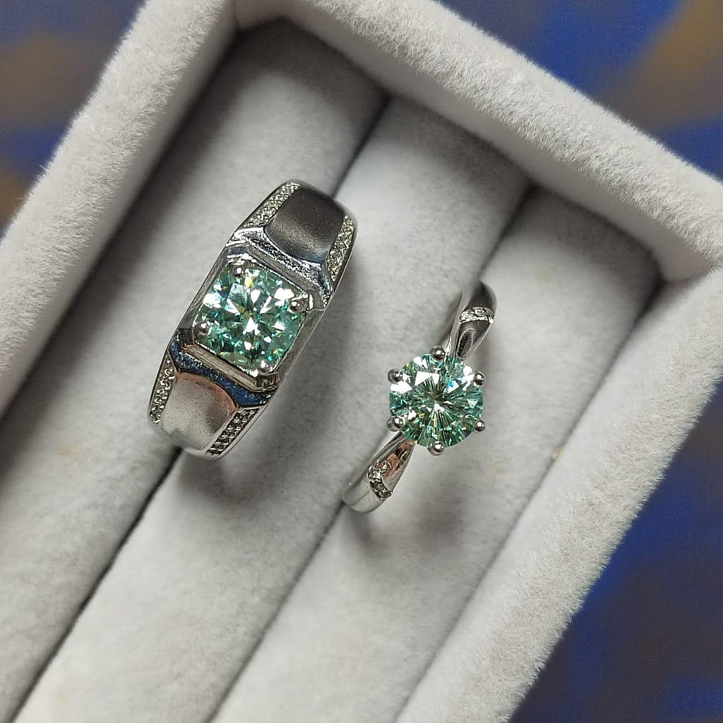 Light Blue Moissanite Couple Rings with Zircon Accents Set 925 Silver Plated with 18K White Gold Wedding-Engagement - Birthday Gifts SL090 - SL Precious