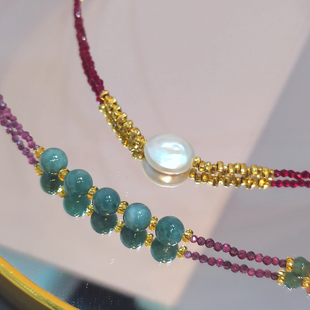 Natural Double Layer Choker Necklace | Purple Garnet, Burmese Ocean Blue Green Jadeite,Baroque Freshwater Pearls, Sri Lanka Red Spinel SL296