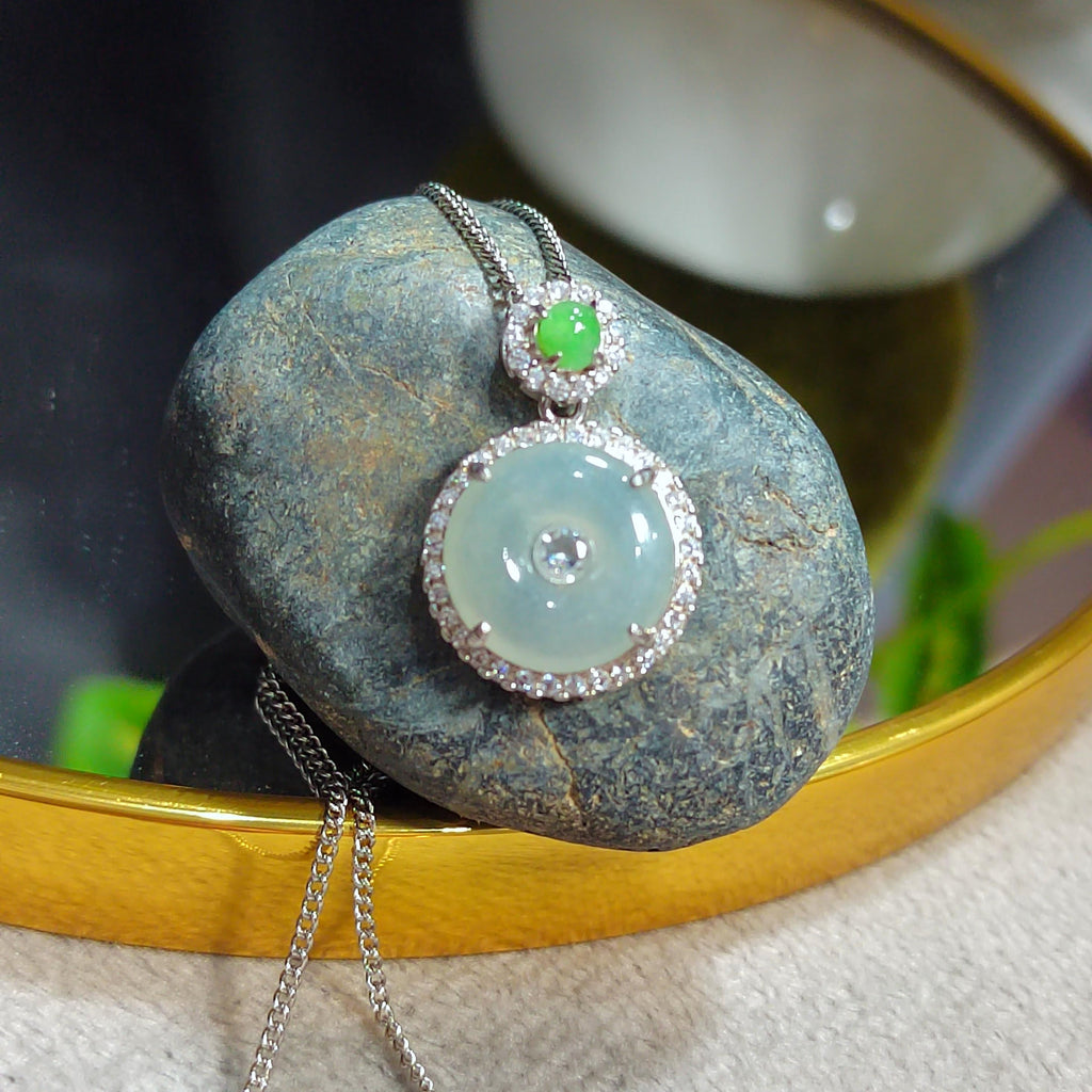 Certified A-Grade Icy White Green Burmese Jadeite Donut Shape Pendant Zirconia on 925 Silver Chain | Minimalist Design | For Her SL8007