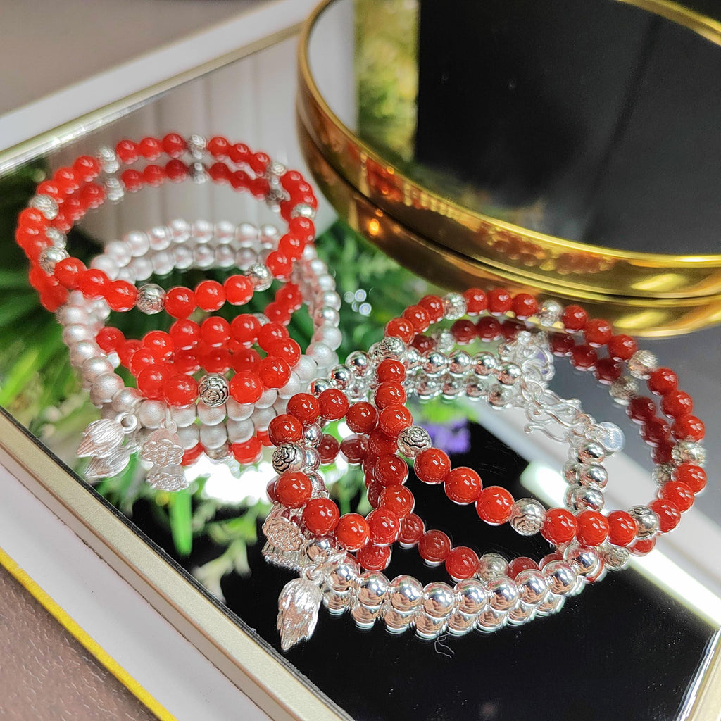 Handmade Natural Southern Yunna Baoshan| Sichuan Liangshan Oxblood Nanhong Agate| S999 Silver Filled Vermeil  Bracelet|Ring 3pcs Set SL346C