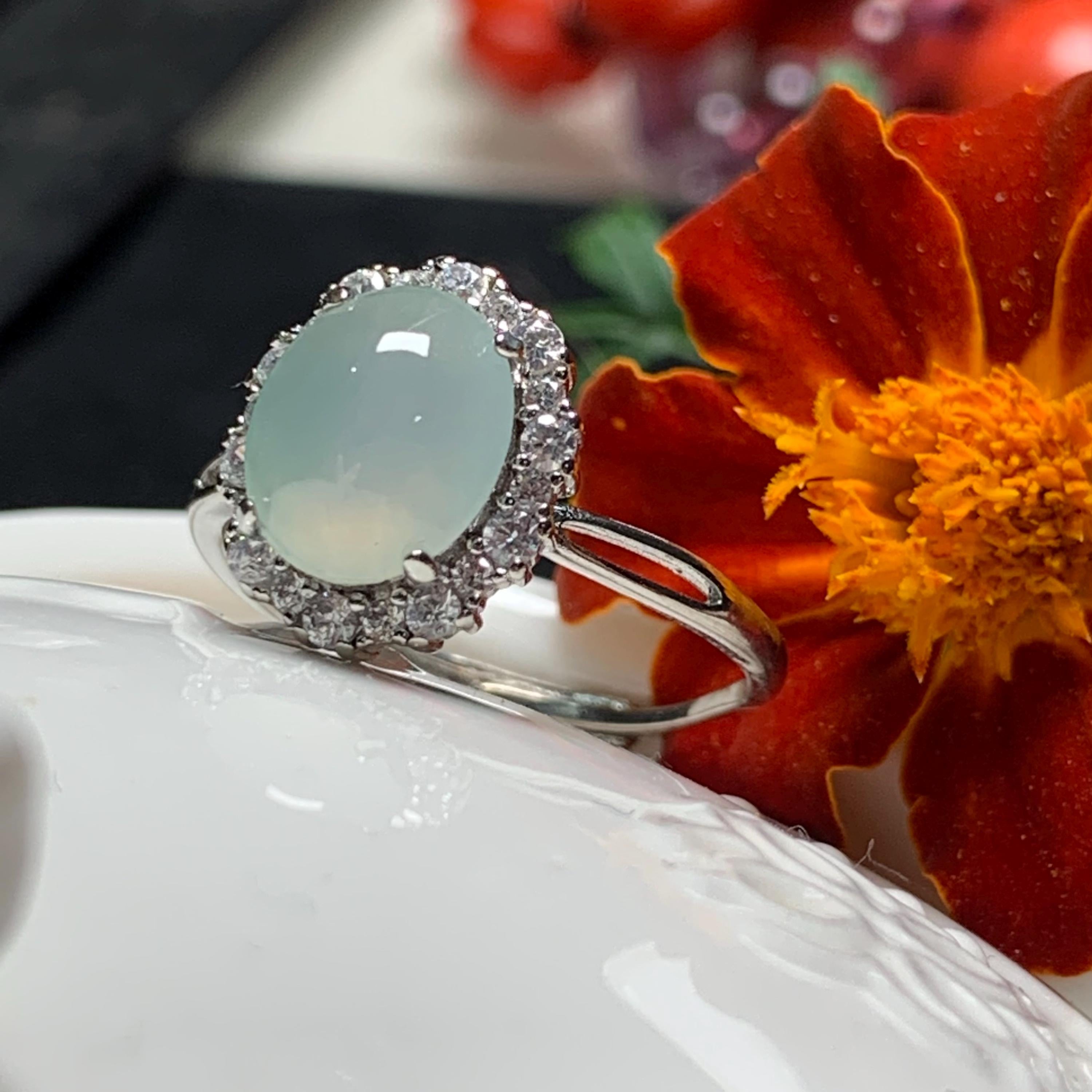Certified Elegant Natural Untreated Burmese White Icy Jadeite Zircon Set S925 Sterling Silver Ring Engagement, Wedding, Any Occasion SL249X8 - SL Precious