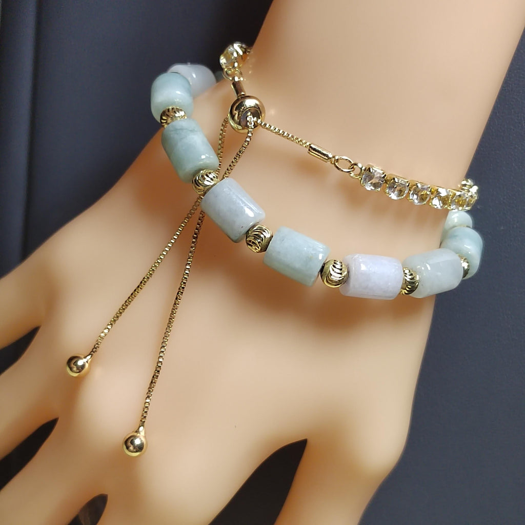 Burmese Cylindrical Beads Jadeite Bracelet With Free Rhinestone Bracelet Double Layer Design SL160