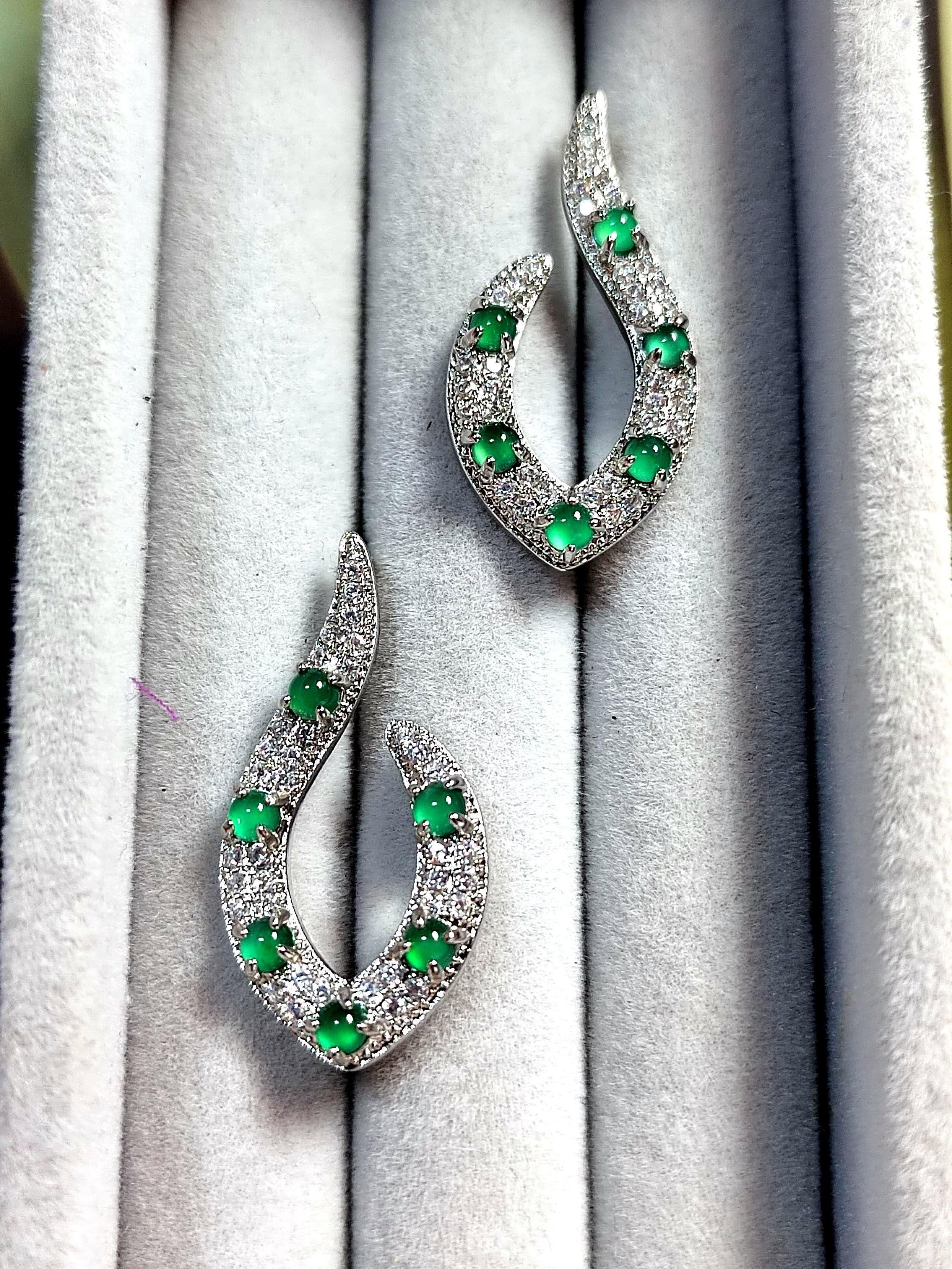 Elegant Jadeite Stud Earrings Design S925 Sterling Silver Guatemala Natural Ocean Blue Zirconia Natural Untreated For Her SL010 - SL Precious