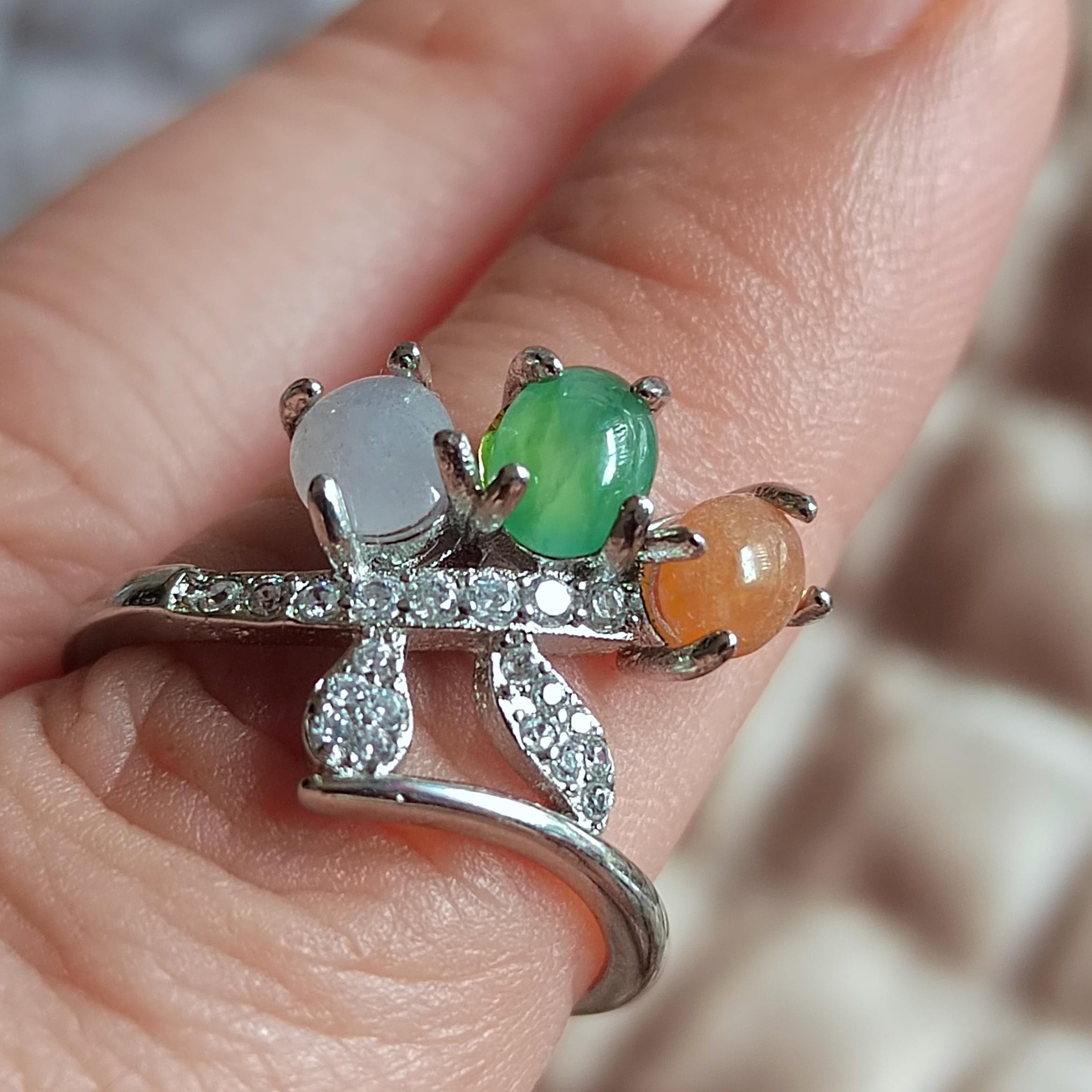 3 Colors Certified Natural Gemstone Untreated Burmese Jadeite Elegant Lower Leaf Yellow, Green, White with Zircon Accents S925 Ring SL134