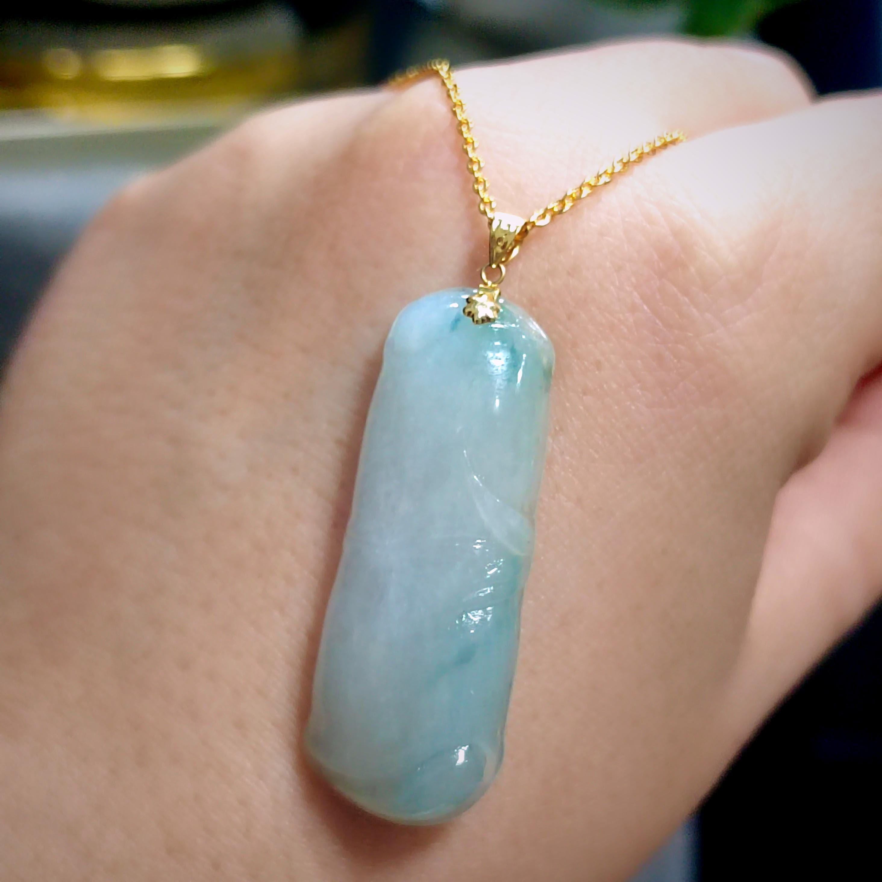 Certified Burmese Natural Gemstone A-Grade Hand Carved Bamboo Jadeite 竹竿 - 步步高升 18k Solid Gold Jewelry for Women Mom SL8018 - SL Precious