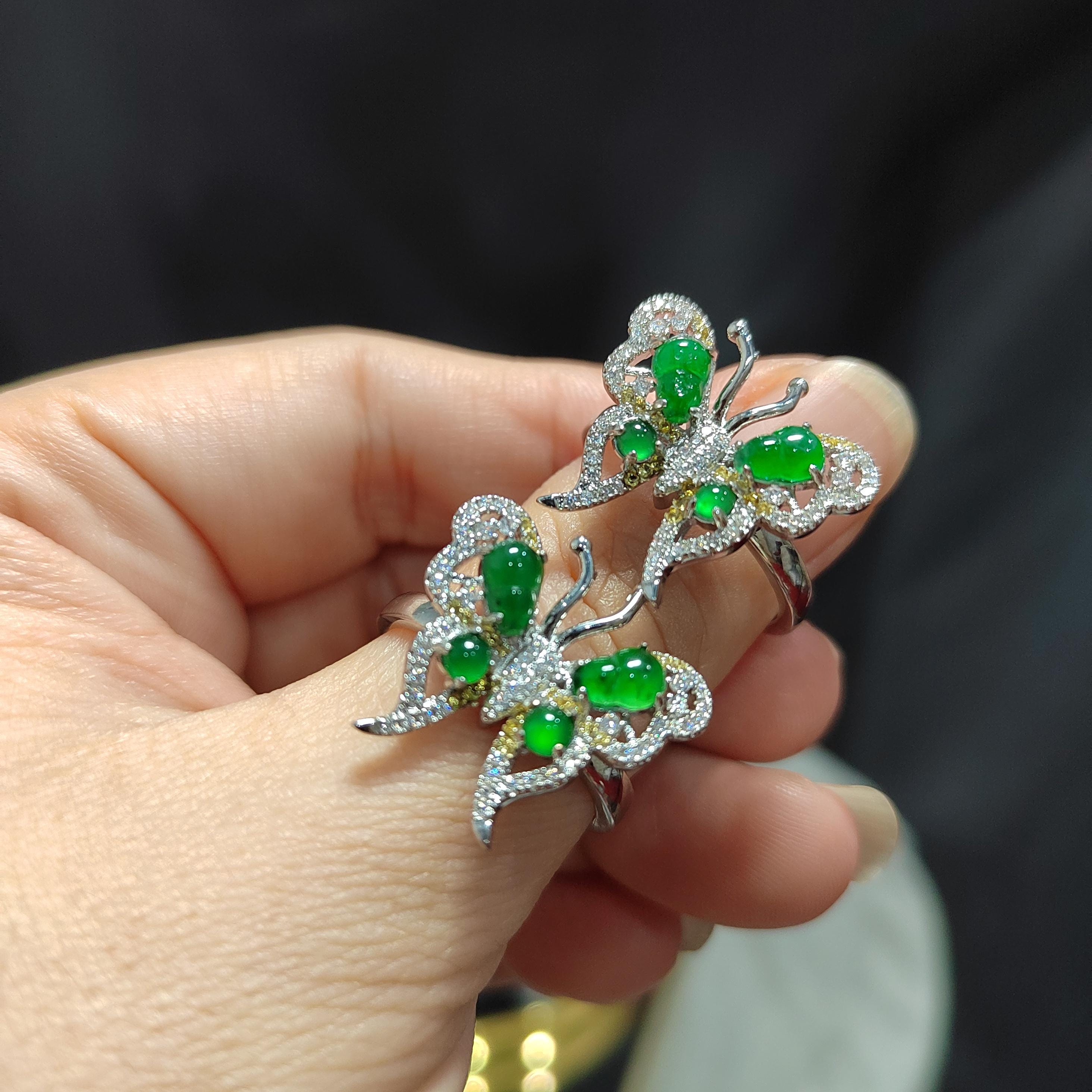 Certified Natural Untreated Burmese Imperial Green Elegant Butterfly Zircon S925 2 Tones Silver Gold Jadeite Ring(1pc) SL367x35